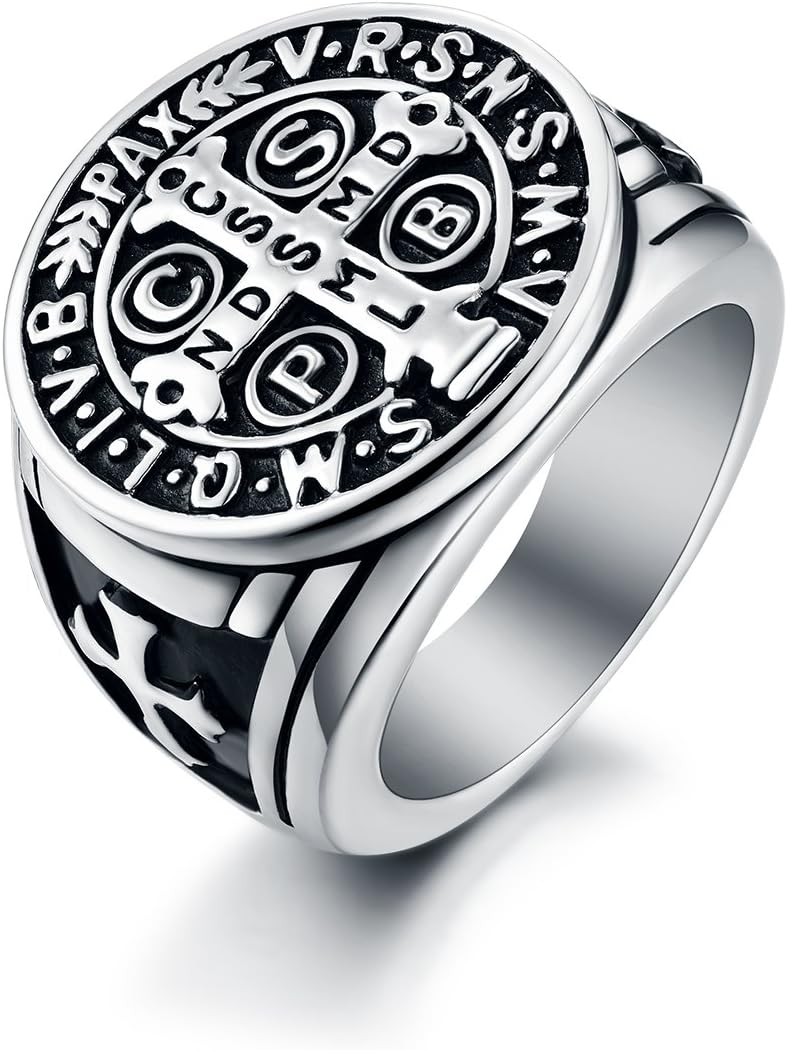 Men's St Benedict Exorcism Ring Stainless Steel Catholic Roman Cross Demon Protection Ghost Hunter