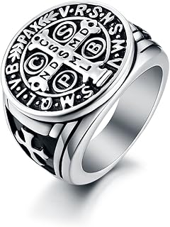 LAOYOU Men's St Benedict Exorcism Ring Stainless Steel Catholic Roman Cross Demon Protection Ghost Hunter