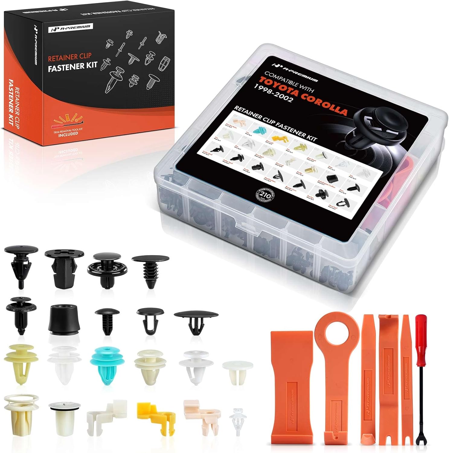 A-Premium 21 Sizes 39.04oz Bumper Fender Door Retainer Clips Kit Compatible with Toyota Corolla 1998-2002 Weatherstrip Trim Liner Car 210PCS Plastic Rivets Fasteners Push Retainer Kit, w/Removal Tool