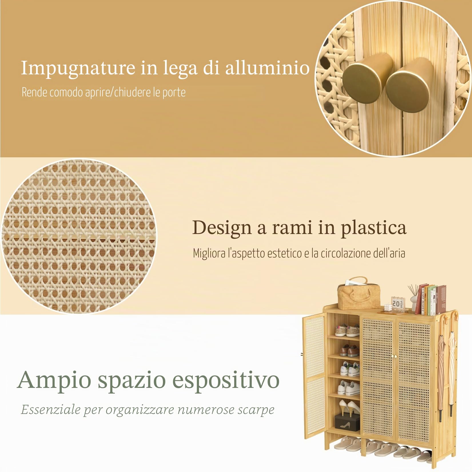 unho Armadietto Portascarpe a 5 Ripiani in Bambù: Scarpiera Legno con Ante 4 Ganci Scarpiera Ingresso Corridoio Grande Capacità Design Moderno, 90,5x35x107 cm