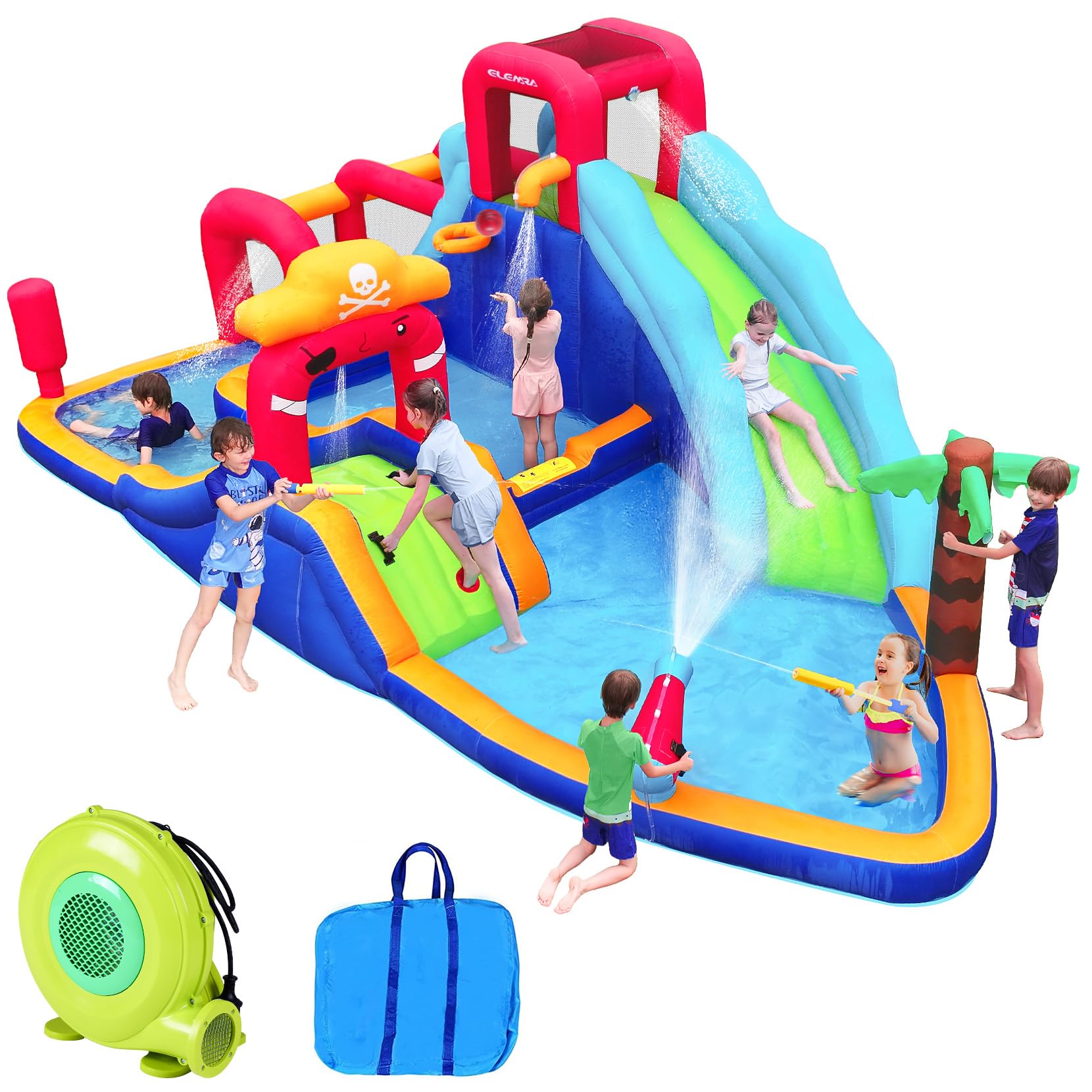 Photo 1 of ***STYLE MAY DIFFER*** ELEMARA Inflatable Water Slide Bounce House, 10 in 1 Inflatable Water Park with Blower, 2 Slides & 2 Climbing Walls & 2 Water Guns, Deep Pool Giant Splash Pool, Water Slides for Kids Backyard for 6
