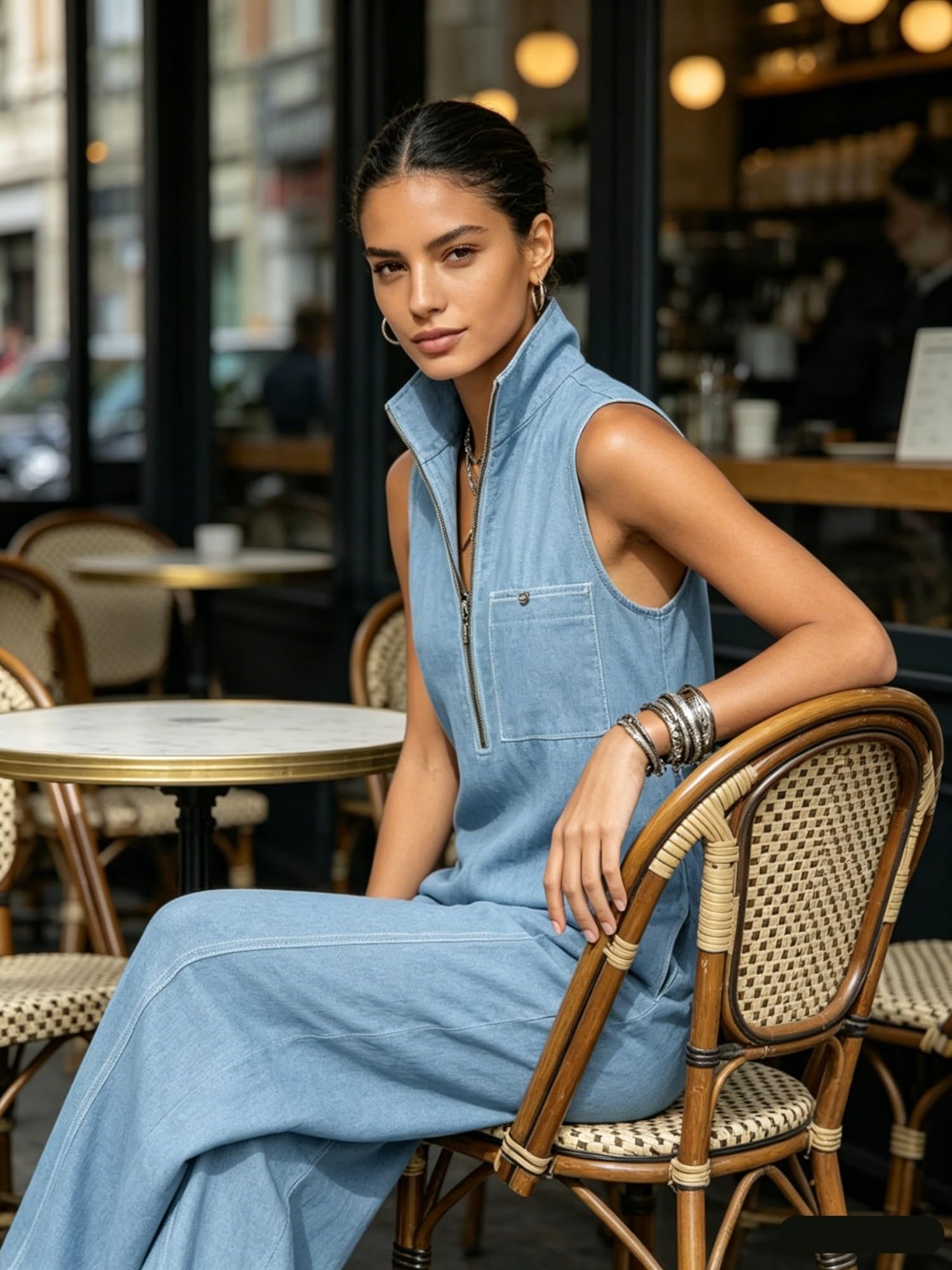 Générique Jumpsuit Femme Sans Manches en Lin, Col Montant Demi-Zip Jumpsuit à Jambes Larges avec Couture Contrastante et Poches pour une Tenue Décontractée Quotidienne