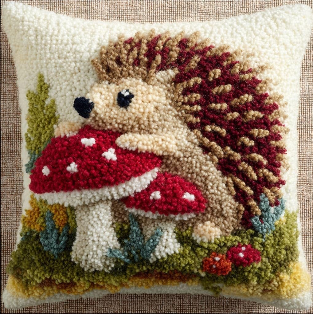 WallustrioaW Latch Hook Kit,Hedgehog and Mushroom,Latch Hook Pillowcase Kits DIY Craft for Adults & Kids,Beginner-Friendly Design for Throw Pillows & Gifts,17x17in