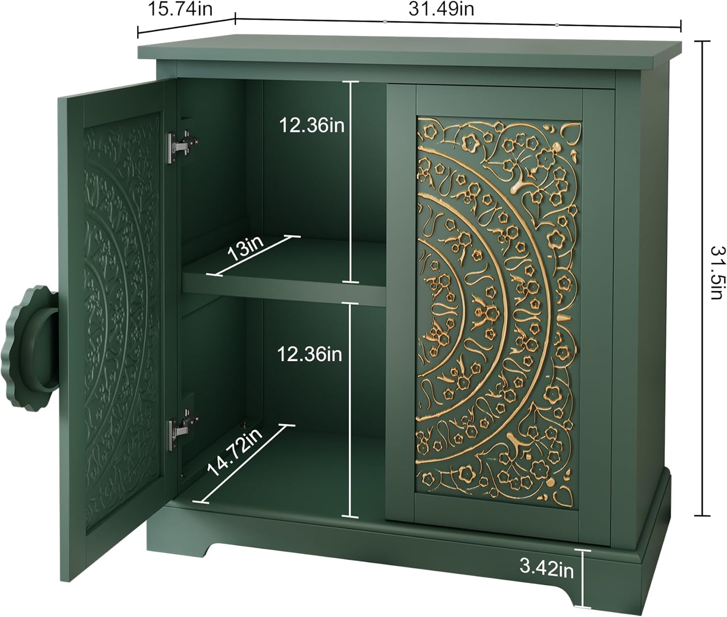 ARTPOWER Embossed Accent Cabinet with Gold Florals Pattern, Vintage Sideboard Buffet Cabinet, Credenza Storage Cabinets with Doors and Shelves for Living Room, Dining Room, Entryway, Hallway, Green