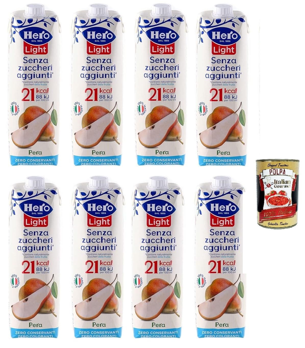 Hero Light Pera Birne Fruchtsaft Ohne Zuckerzusatz Erfrischendes Erfrischungsgetränk mit Sehr Wenig Kalorien, 8x 1LT + Italian Gourmet polpa 400g