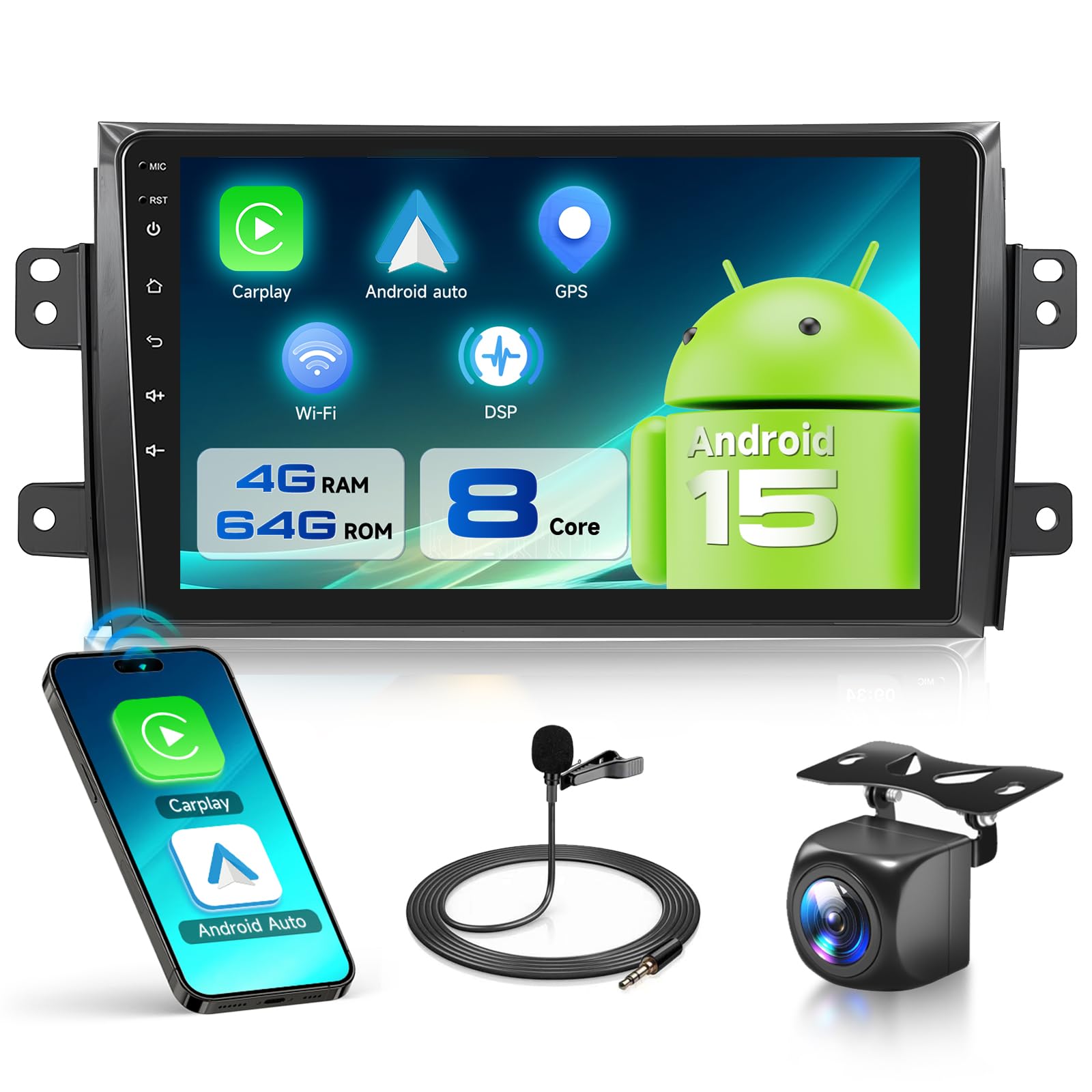 VECHTEL 8 Kern 4G+64G Autoradio Android 15 für Suzuki SX4 2006-2013 Fiat Sedici 2005-2014, 9 Zoll 1280*720P HD IPS Touchscreen mit DSP Drahtlos Carplay Android Auto GPS Wi-Fi Bluetooth FM RDS Kamera