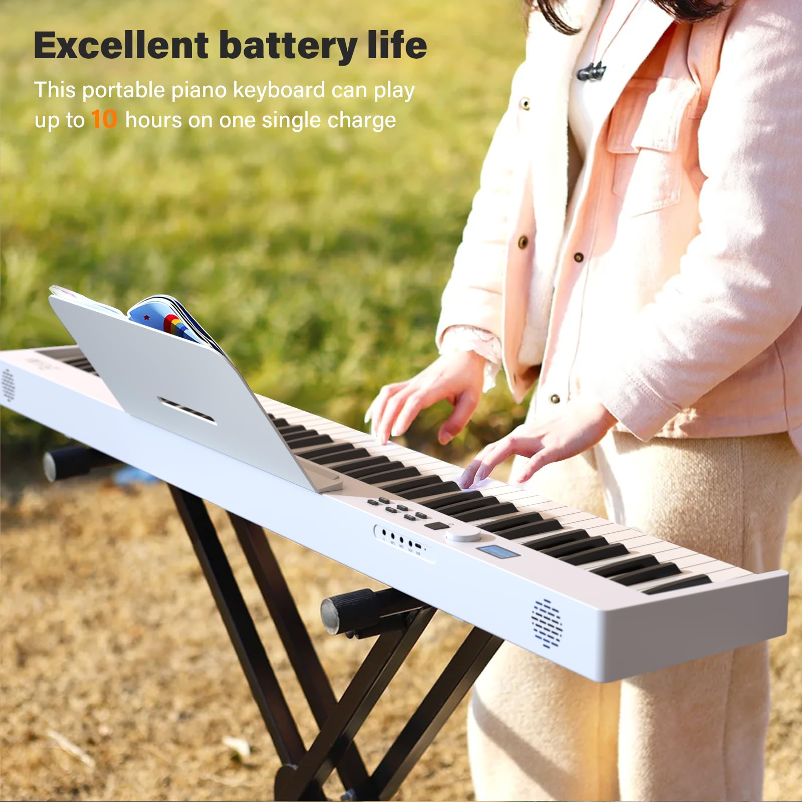 Tastiera a 88 tasti BSP-10F Pianoforte pieghevole portatile con tastiera semi-pesata, 128 toni, USB MIDI, pedale sustain, leggio per principianti, regalo per principianti, bianco