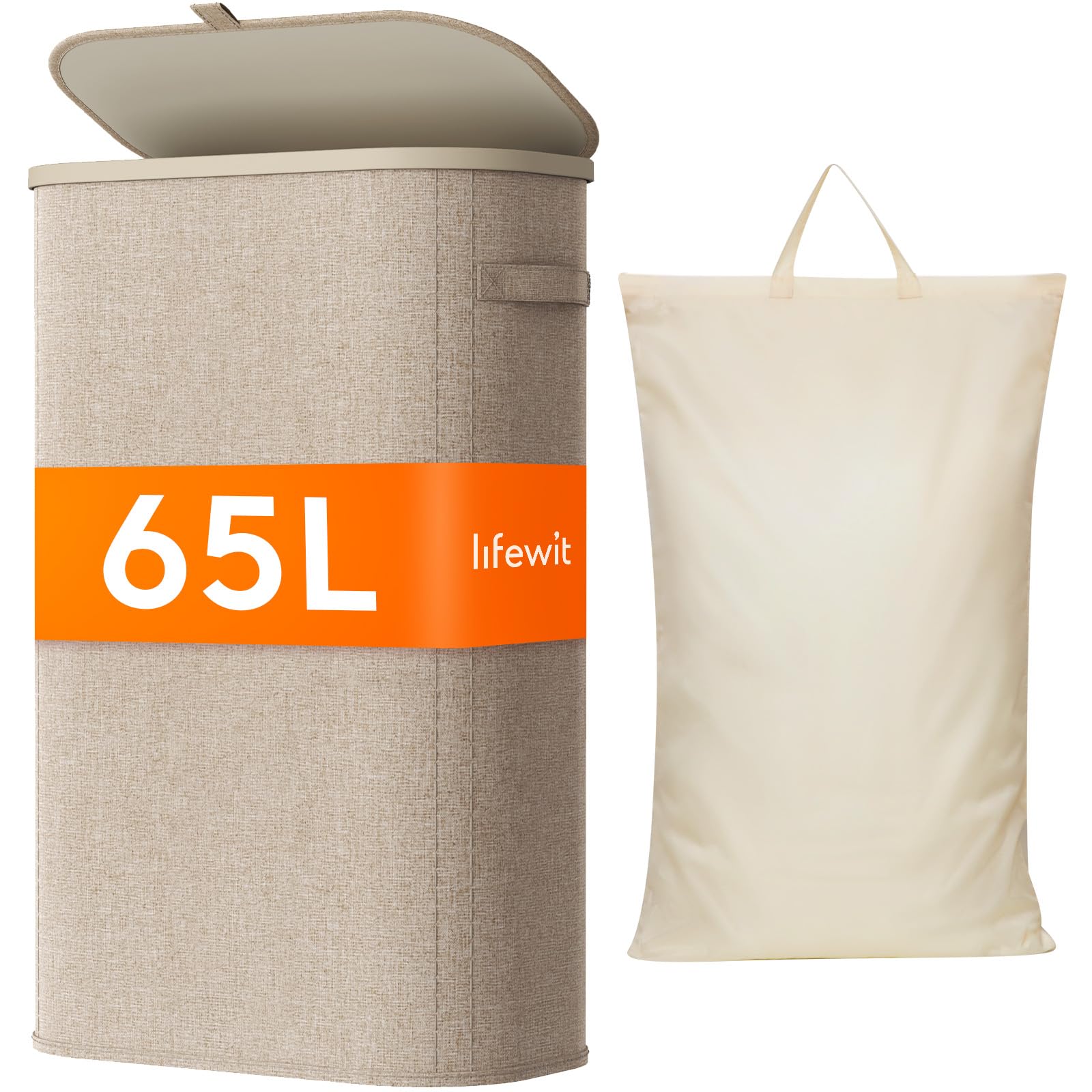 Lifewit Cesto Portabiancheria, Cesta Panni Sporchi con coperchio, Laundry Basket con Plastica Manici, Porta Biancheria Sporca per Bagno, Lavanderia, Camera da Letto, 65 L, Beige