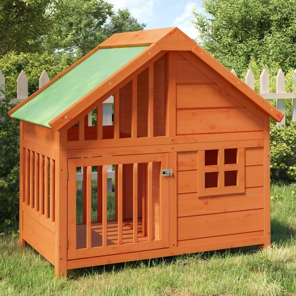 Hundehütte Braun aus massivem Kiefernholz 96x60,5x87 cm mit wasserfestem Dach großer Eingang für Outdoor Garten Terrasse sicherer Ruheplatz für Hunde und Kleintiere
