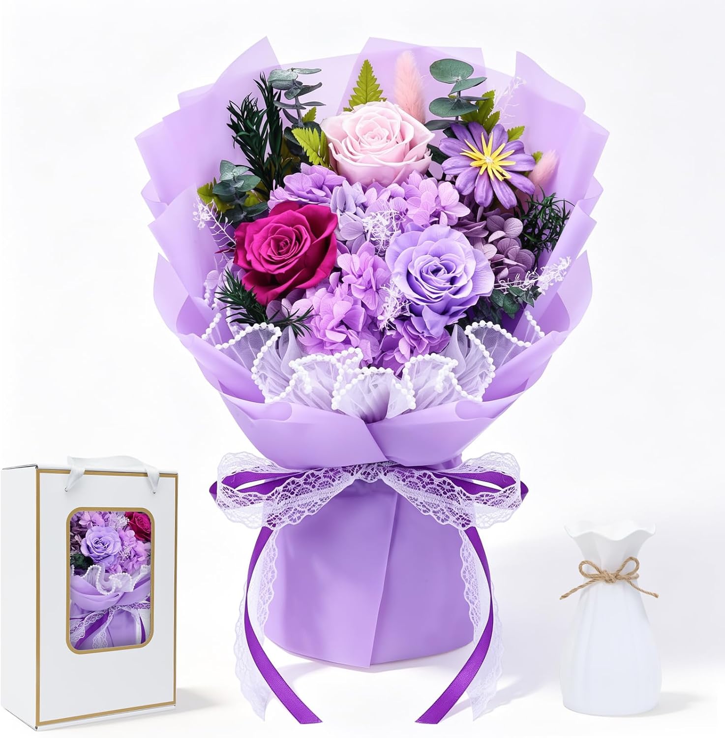Lace Pearl Trim Preserved Purple Bouquet for her | Preserved purple Rose bouquet , Eternal flower Gift Set for her with romantic Girlfriend, Engagement, Mother’s, Birthday