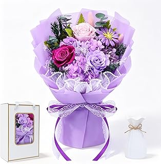 Preserved Rose Stylish Bouquet in Purple-Themed Gift Box, Long-Lasting Flower with Lace and Ribbon Bow, Ready Delivery for Mother’s Day, Girlfriend, Birthday, Anniversary, Graduation, Valentine