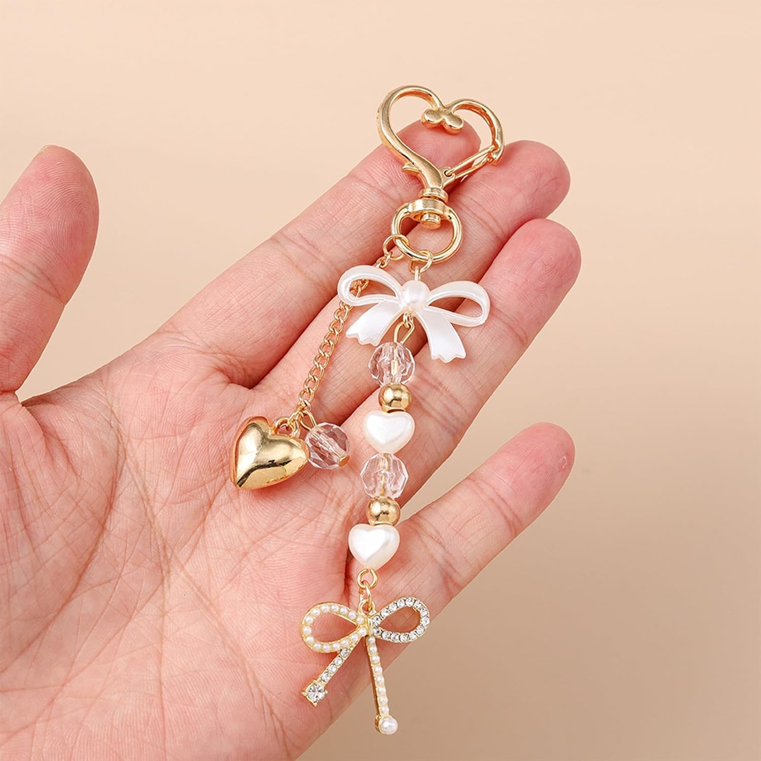 Angyape Cute Bow Keychain Heart Keychain Gold Bag Charms for Handbags Beaded Purse Charms Accessories Elegant Gifts for Women - Image 4
