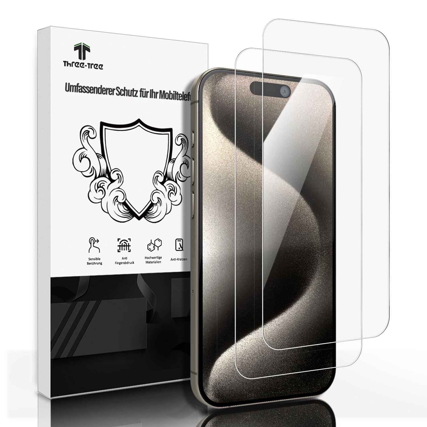 Three-Tree [Pack of 2] Screen Protector for Tempered Glass for iPhone 15/15 Pro, Protective Film 9H Hardness Tempered Glass Film, Anti-Scratch Protective Glass