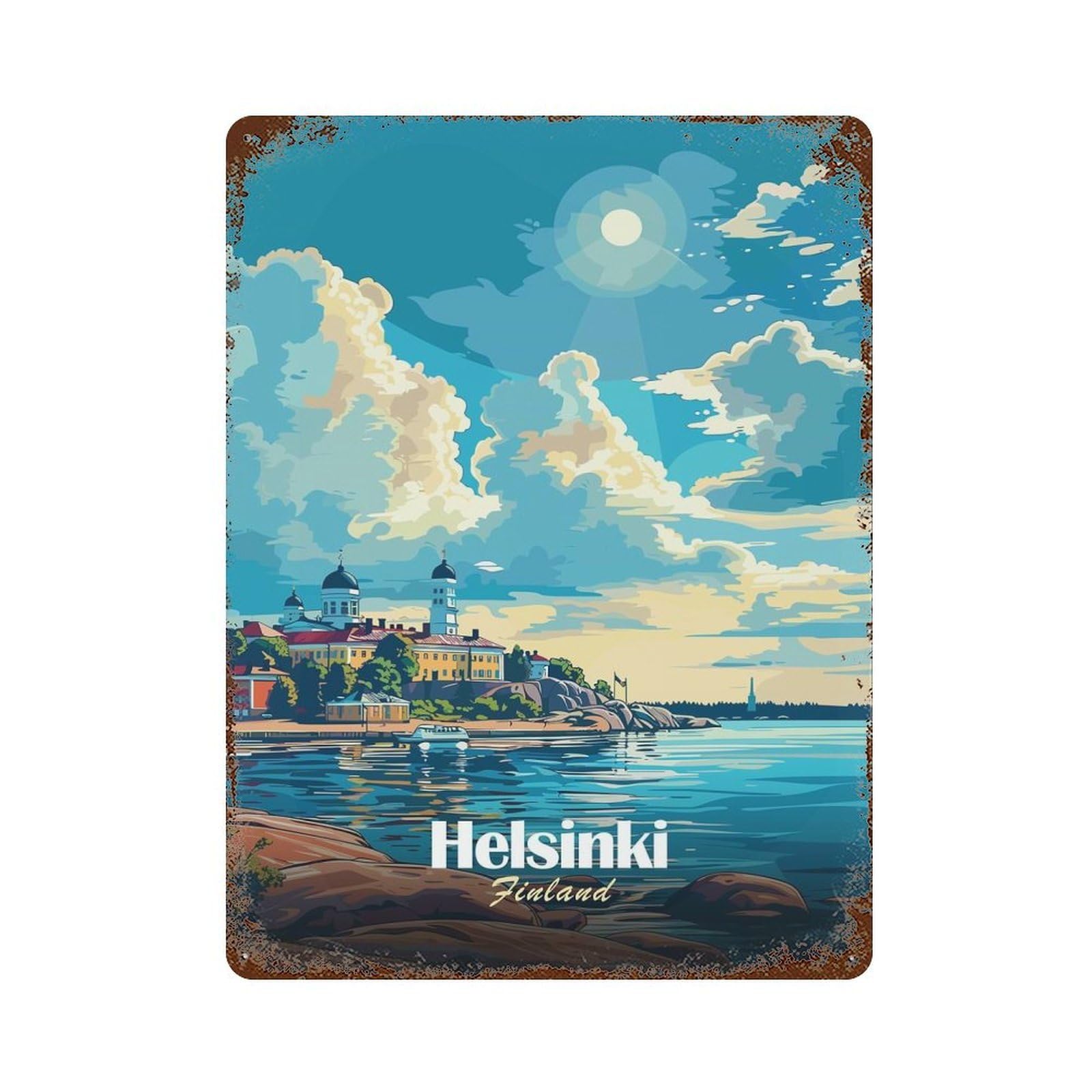Helsinki Finland Travel 15.7"x11.8" Aged Metal Wall Plaque, Novelty Wall Decor for Garage, Bar And Workshop Decor