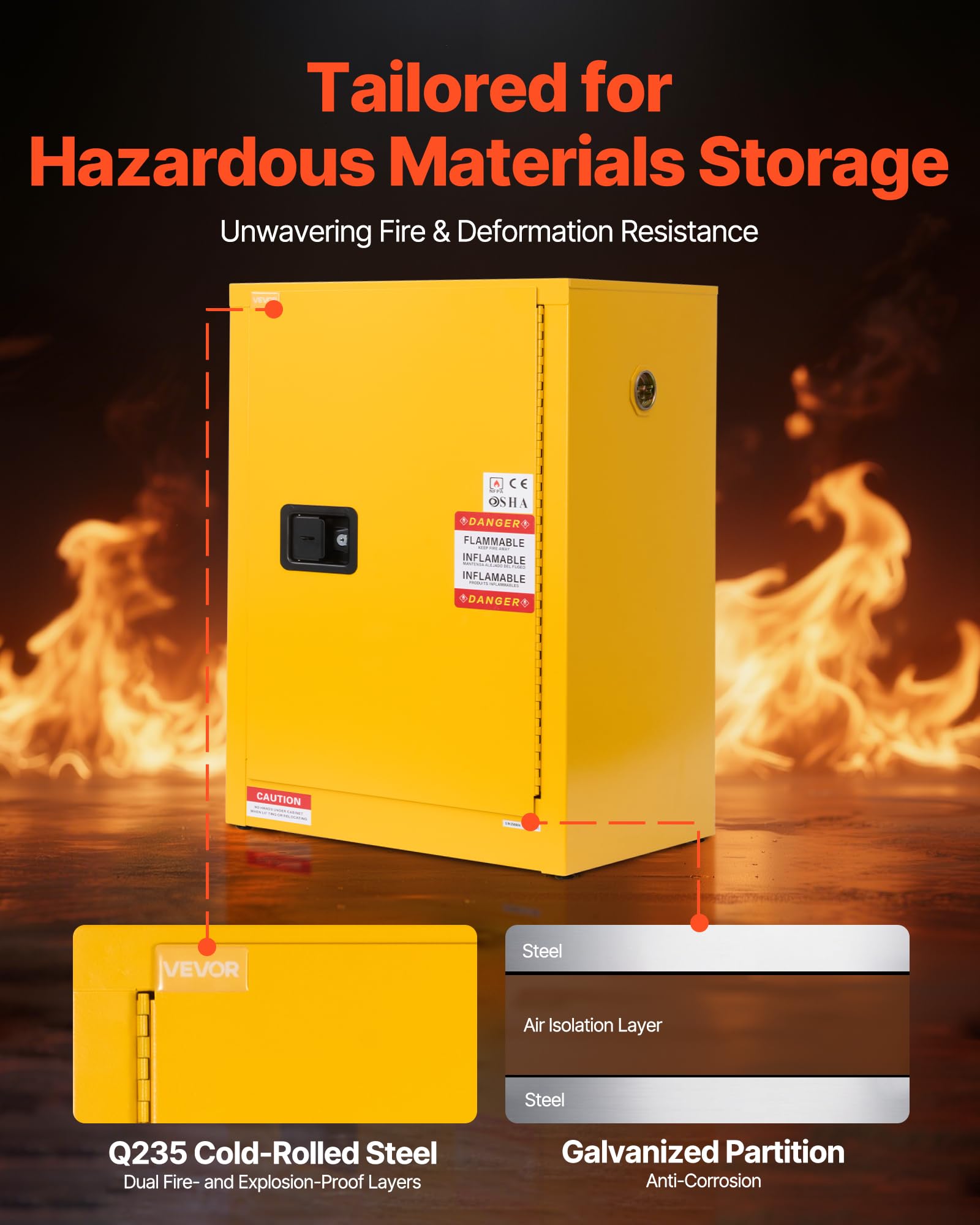 VEVOR Feuerlöschschrank feuerlöschfähiger brennbarer Lagerschrank (49,21 L) mit verstellbarem Regal, Feuerlöschschränke aus kaltgewalztem & verzinktem Stahl, Gelb Schutzschrank Gefahrstoffschrank