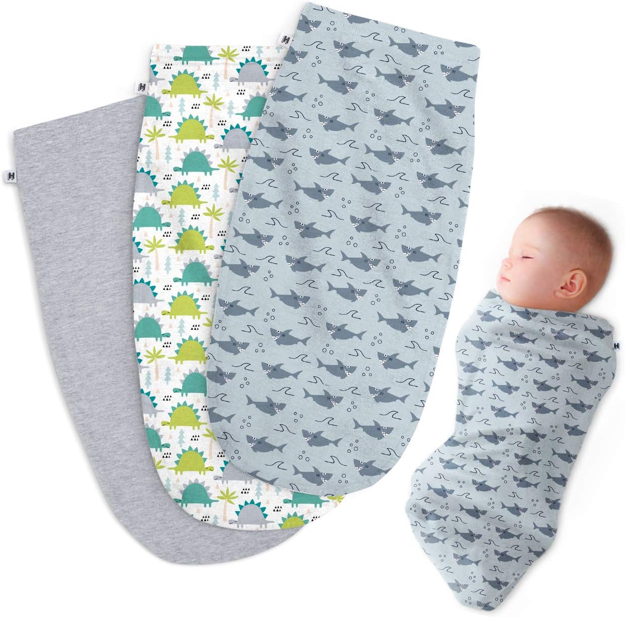 Henry Hunter Baby Swaddle Sack | The Simple Swaddle | Soft Stretchy Cotton Swaddles for Newborns | Baby Swaddles 0-3 Months, Swaddle Blankets for Baby Boy, Pack of 3, Dinosaur | Shark | Light Heather