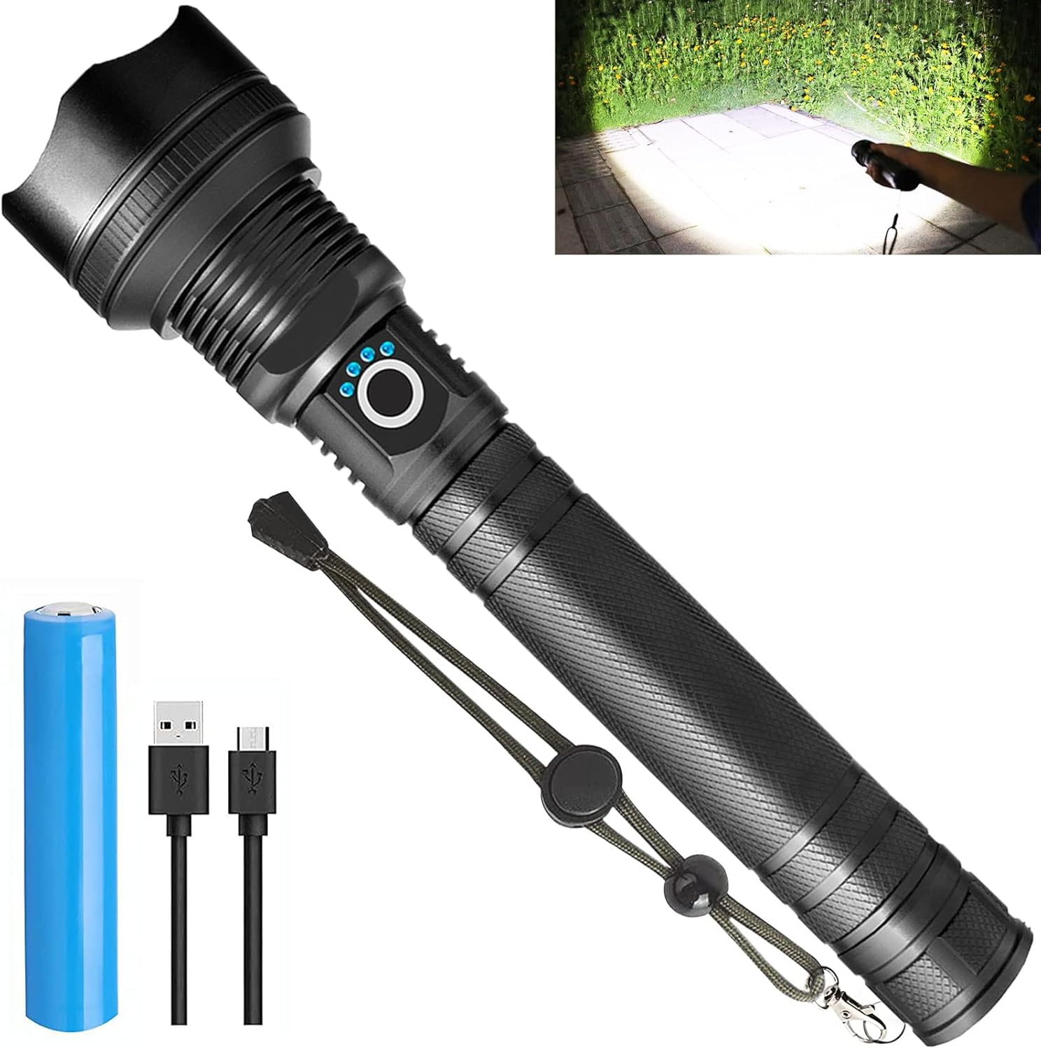 Led Flashlights High Lumens Rechargeable, Powerful 90000 Lumens Super Bright Flashlight with Long Lasting Battery & USB Cable, 3 Modes Zoomable Waterproof Tactical Flash Light for Hunting, Fishing : Tools & Home Improvement