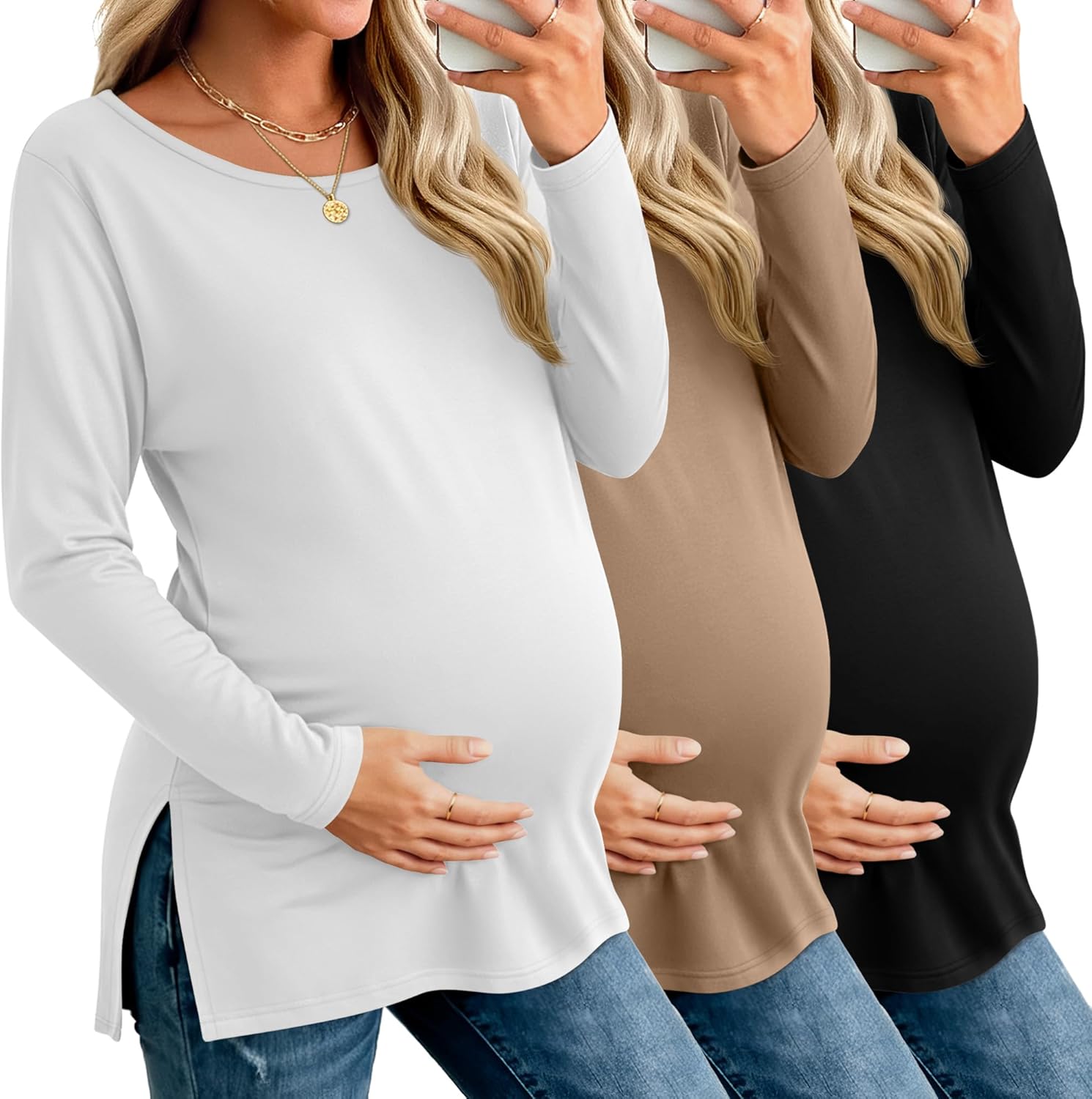 Riyiper 3 Pack Women's Maternity Long Sleeve T-Shirts Round Neck Side Split Tops Loose Casual Pregnancy Mama Clothes Fall