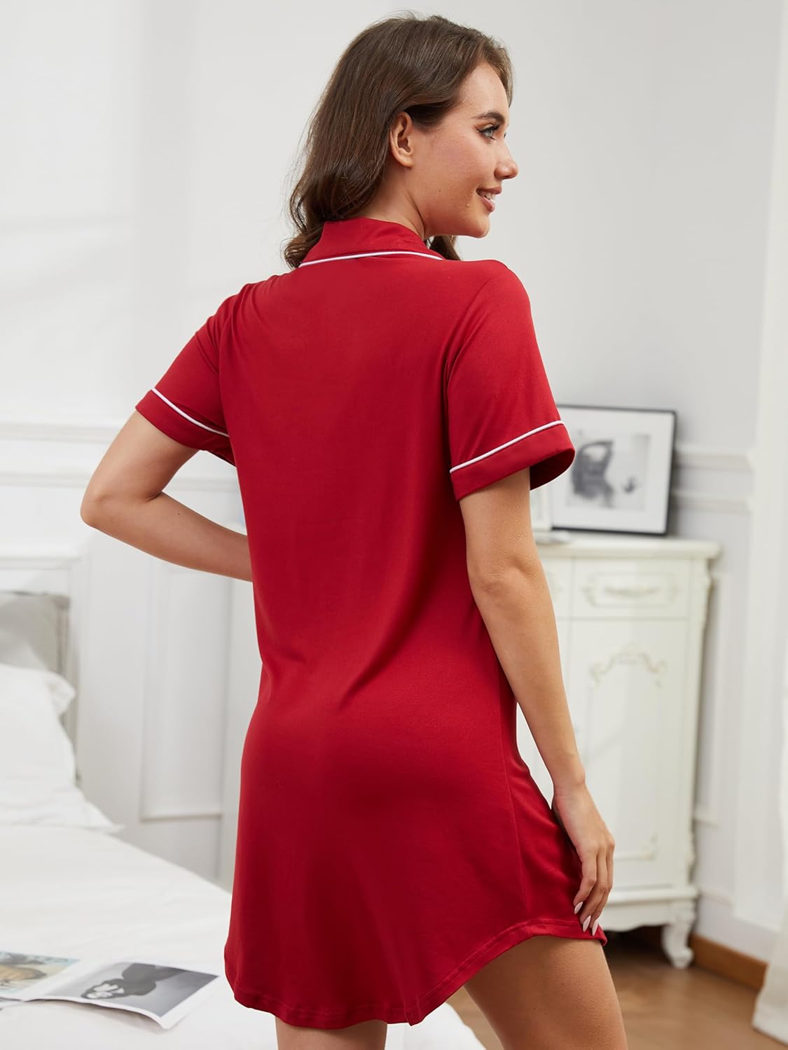 Mawor Women's Nightgown Button Down Short Sleeve Sleepshirt Nightshirt V Neck Sleepwear Nightdress Pajama Dress XS-XXXL - Image 4