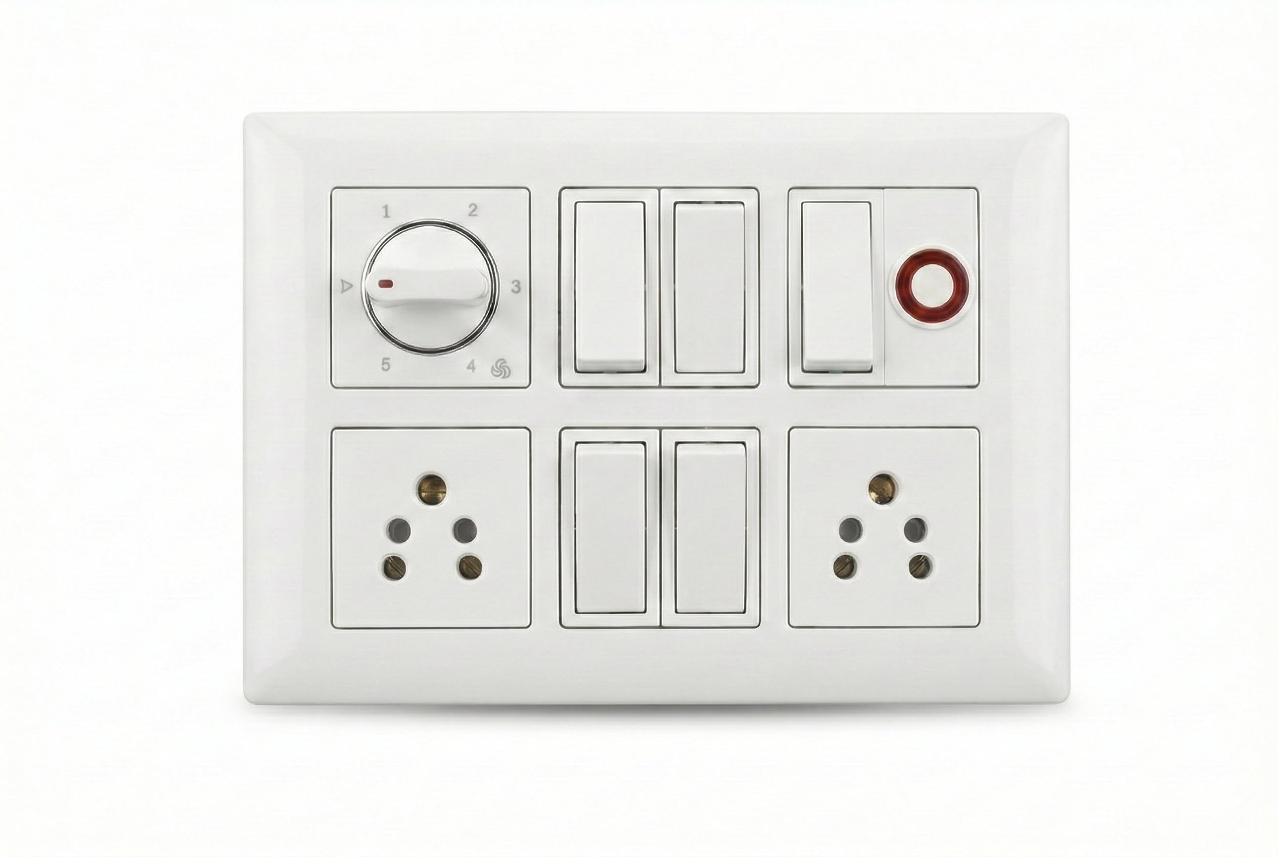 Modular Surface Mount Switch Board with 5 Switches, Fan Regulator, 2x5A Sockets, Indicator, White, PVC-image-19