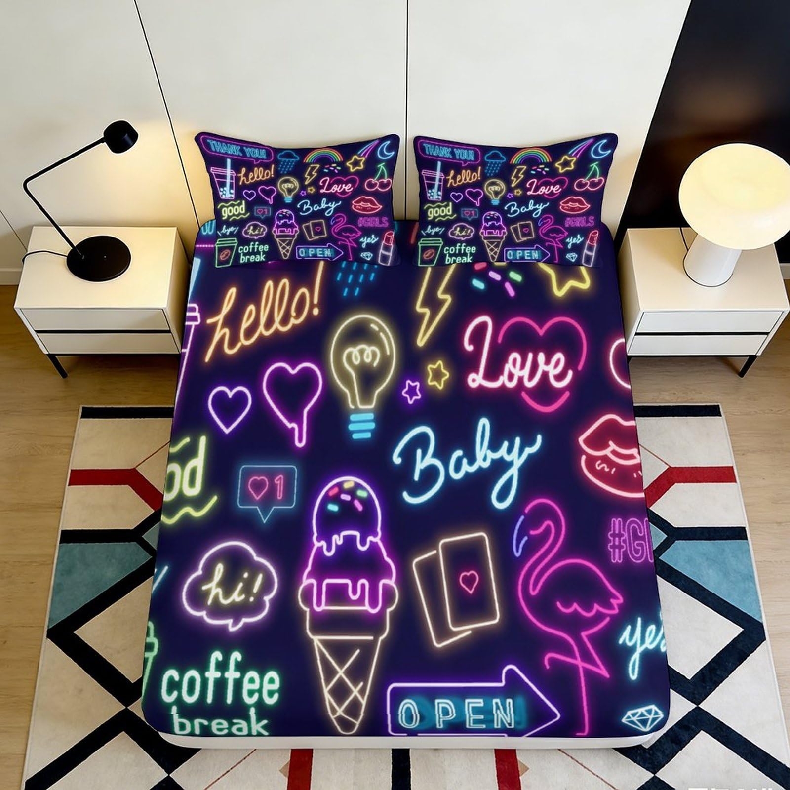 3D Printed Neon Graffiti Fitted Sheet Microfiber Soft Ice Cream Flamingo Mattress Cover for Bedroom Dorm Decor 90x200x25cm