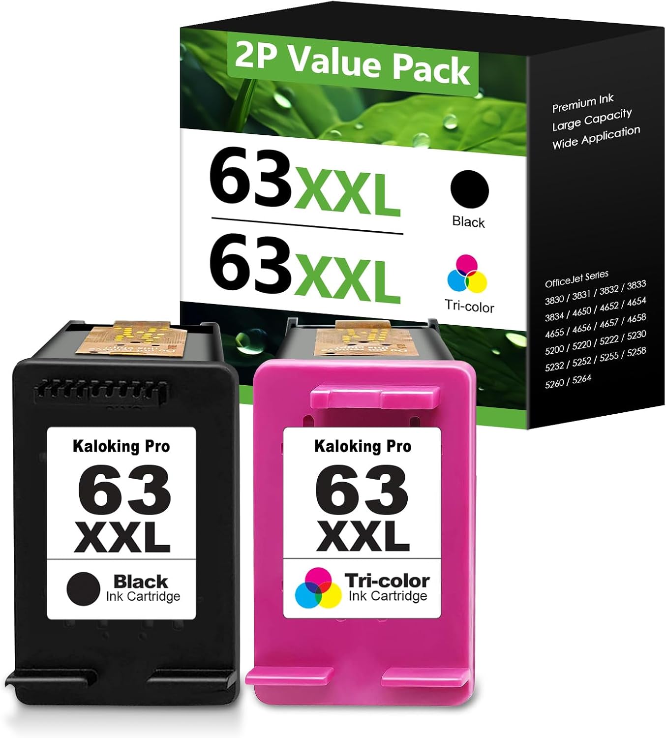 2-Pack 63XXL Ink Cartridges Replacement for HP 63XL 63 XL for Officejet 3830 5255 5258 Envy 4520 4512 DeskJet 3630 Inkjet Printers(Tricolor, Black)