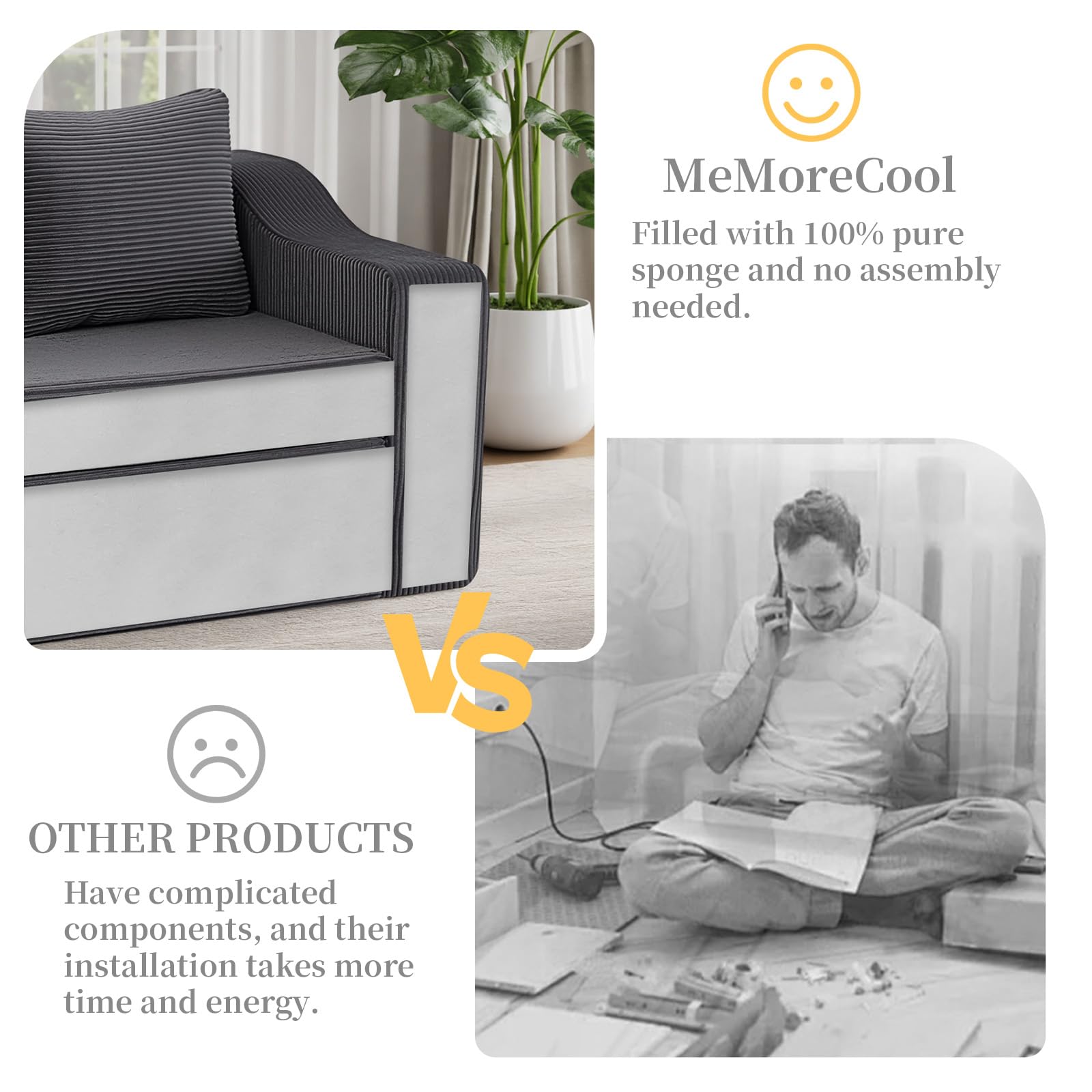 MeMoreCool Canapé-lit convertible, canapé sans os en velours côtelé avec oreillers, housse amovible et lavable, lit d'appoint pliable sans assemblage, pour appartements et chambres à coucher, gris