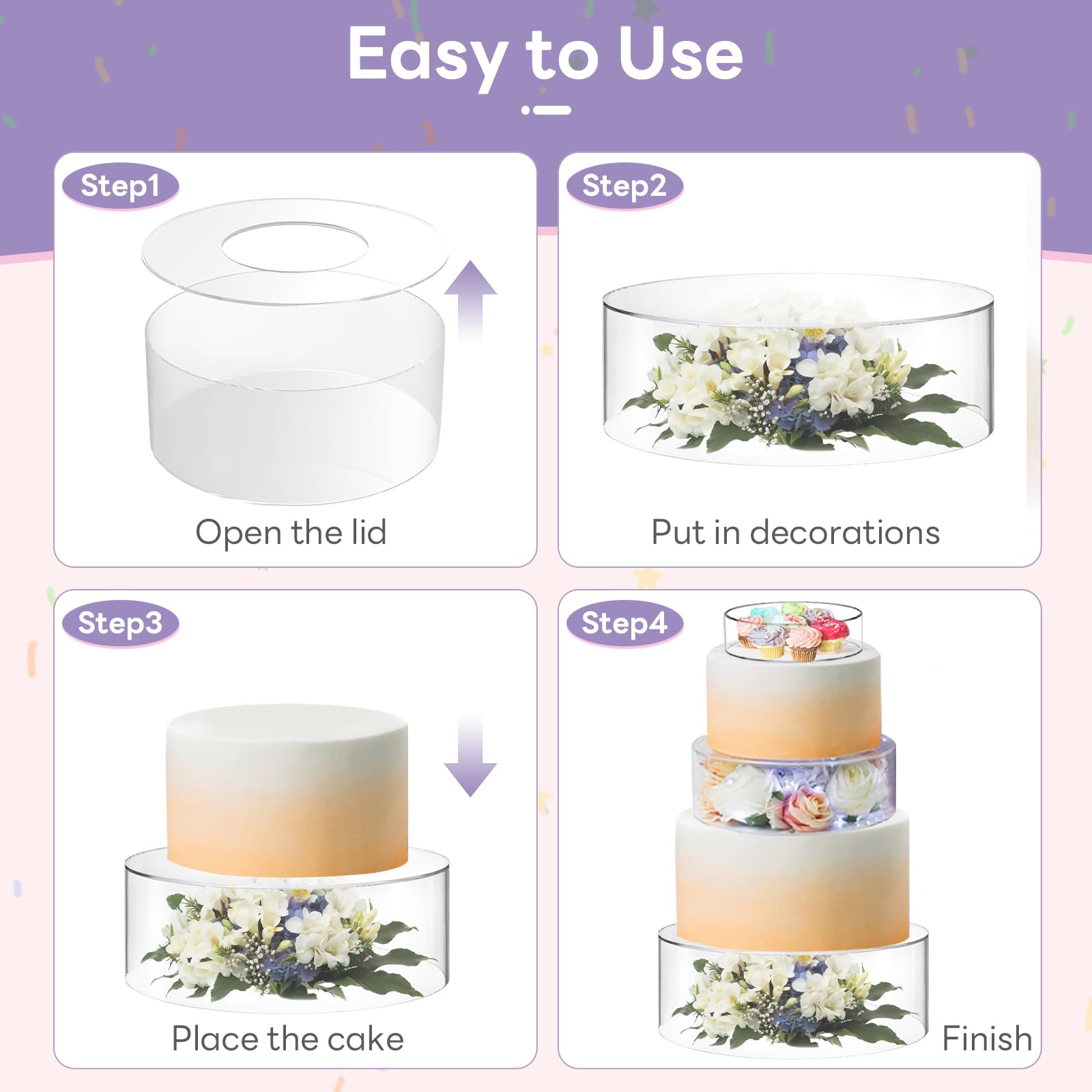 Alzata per Torta in Acrilico con Luci LED Decorative (Batteria Non Inclusa), 3 Pezzi Riempibile Alzatina per Dolci per Compleanni, Matrimoni e Feste
