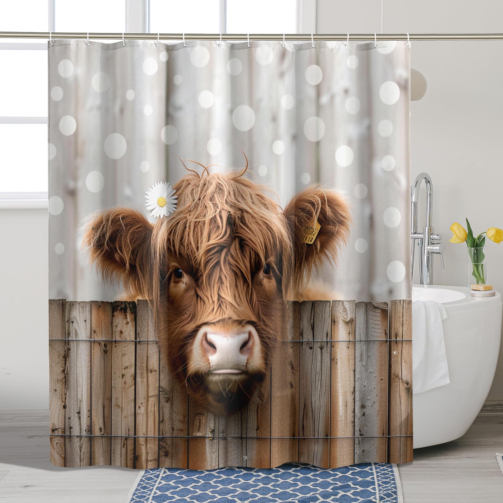 Highland Cow Shower Curtain, Rustic Beige Brown Highland Cow Shower Curtain for Bathroom Decor, Spring Waterproof Fabric Shower Curtain Set with Hooks 72x78 Inch