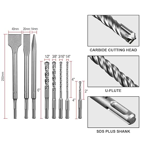 Miniatura 2 de SALI Juego de brocas de martillo giratorio SDS Plus de 8 piezas, kit de brocas para hormigón, material de carburo de doble rosca tipo cruz, adecuado
