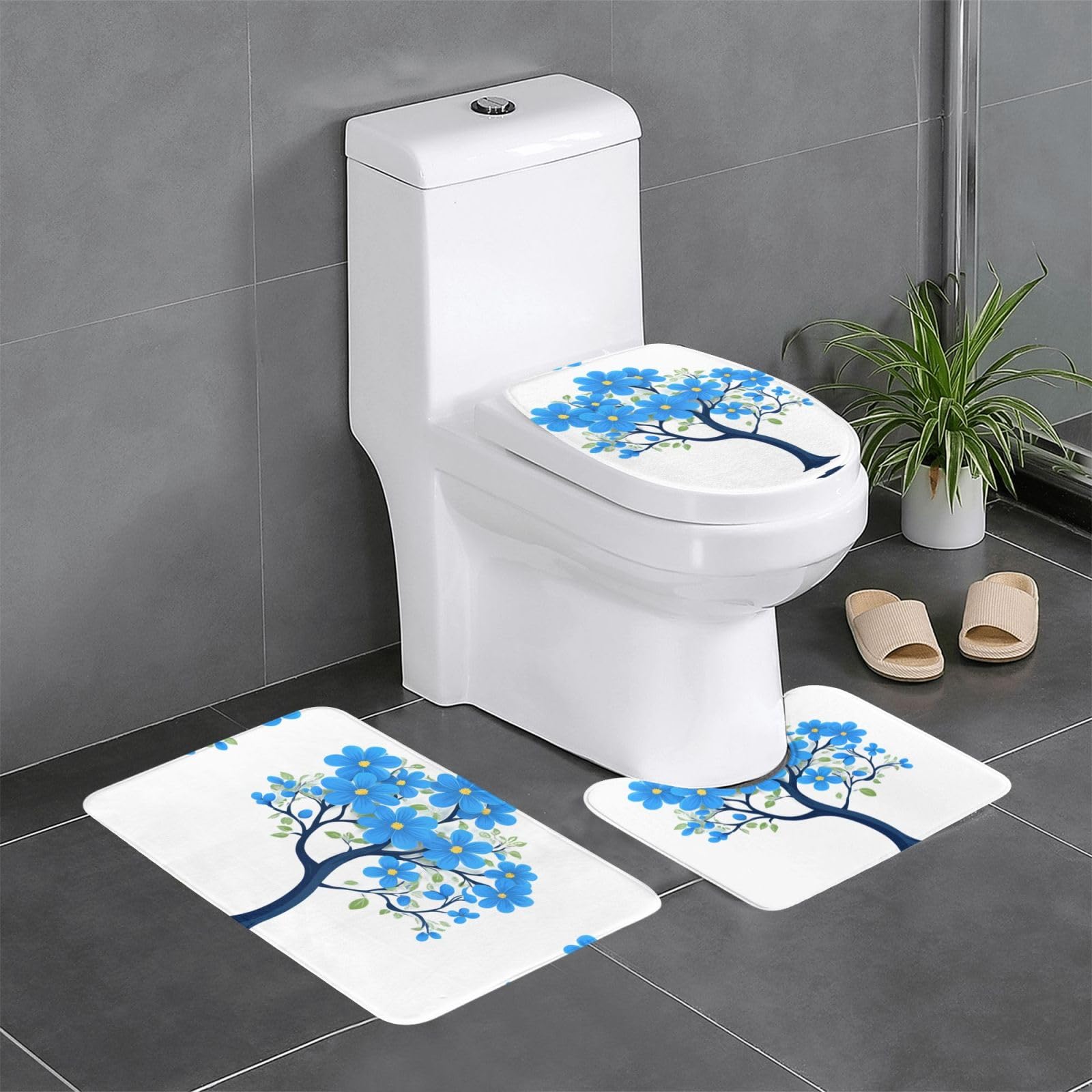 Tapis de salle de bain avec contour WC bleu YYHWHJDE et couvre-abattant lavable
