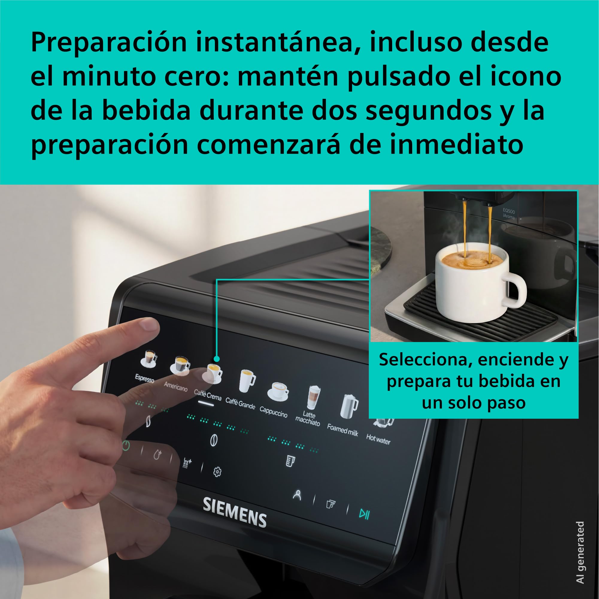 SIEMENS, Cafetera superautomática EQ500 iAroma, tactil, Negro, TP553E19 | Prepara dos tazas a la vez, personaliza tu bebida favorita con un toque y controla todo desde el móvil. Limpieza fácil.