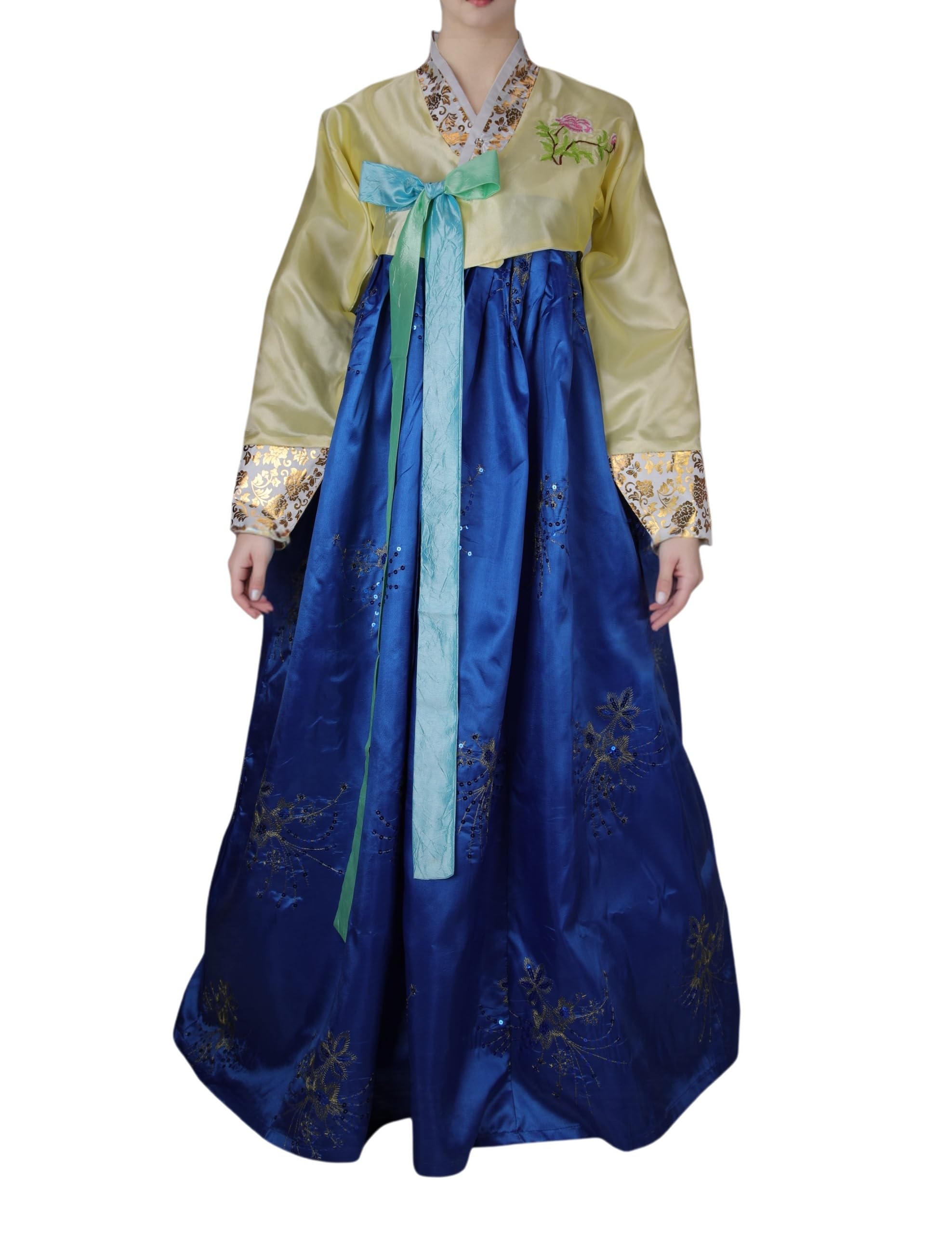 Traditionelles Koreanisches Hanbok-Kleid für Damen, langärmelig, Palast, Hochzeit, Tanzkostüm, mit gestickten Blumendetails