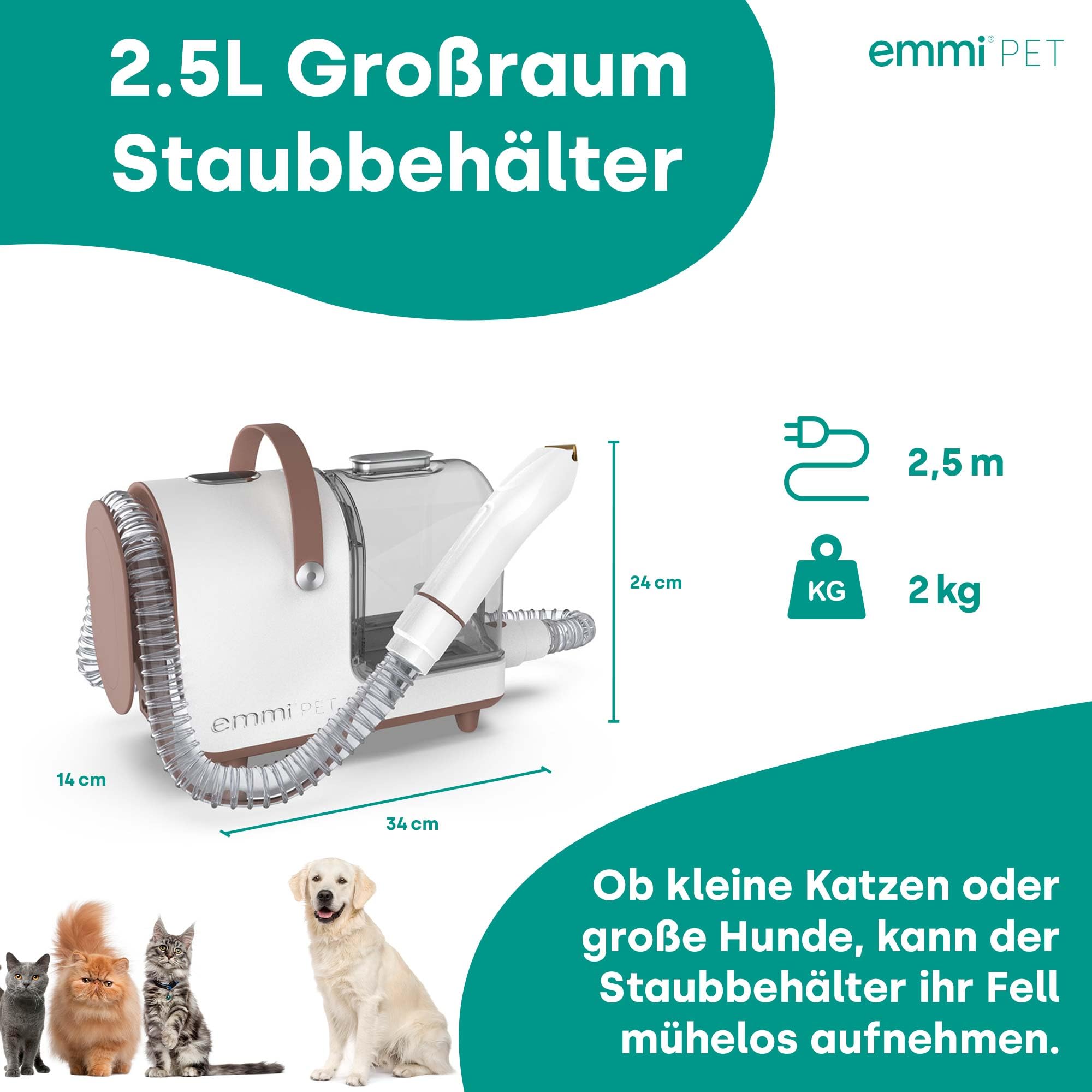 Emmi-pet Grooming Kit Home – 6in1 Hundeschermaschine mit Staubsauger | Trimmer, Kamm & Staubsauger | 6 Profi-Aufsätze | 3 Saugstufen | Haustierpflege für Hunde & Katzen | Leiser Motor | 2,5L Behälter
