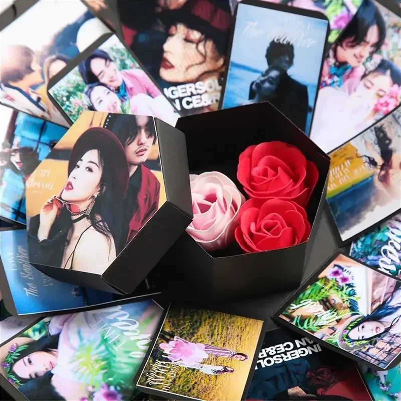 2 Set Di Scatole for Album Fotografici Esagonali Fai-da-te Per Feste | Scrapbook Bella sorpresa Esplosione Coppia Scatola Amore Memoria Anniversario San Valentino(Black)