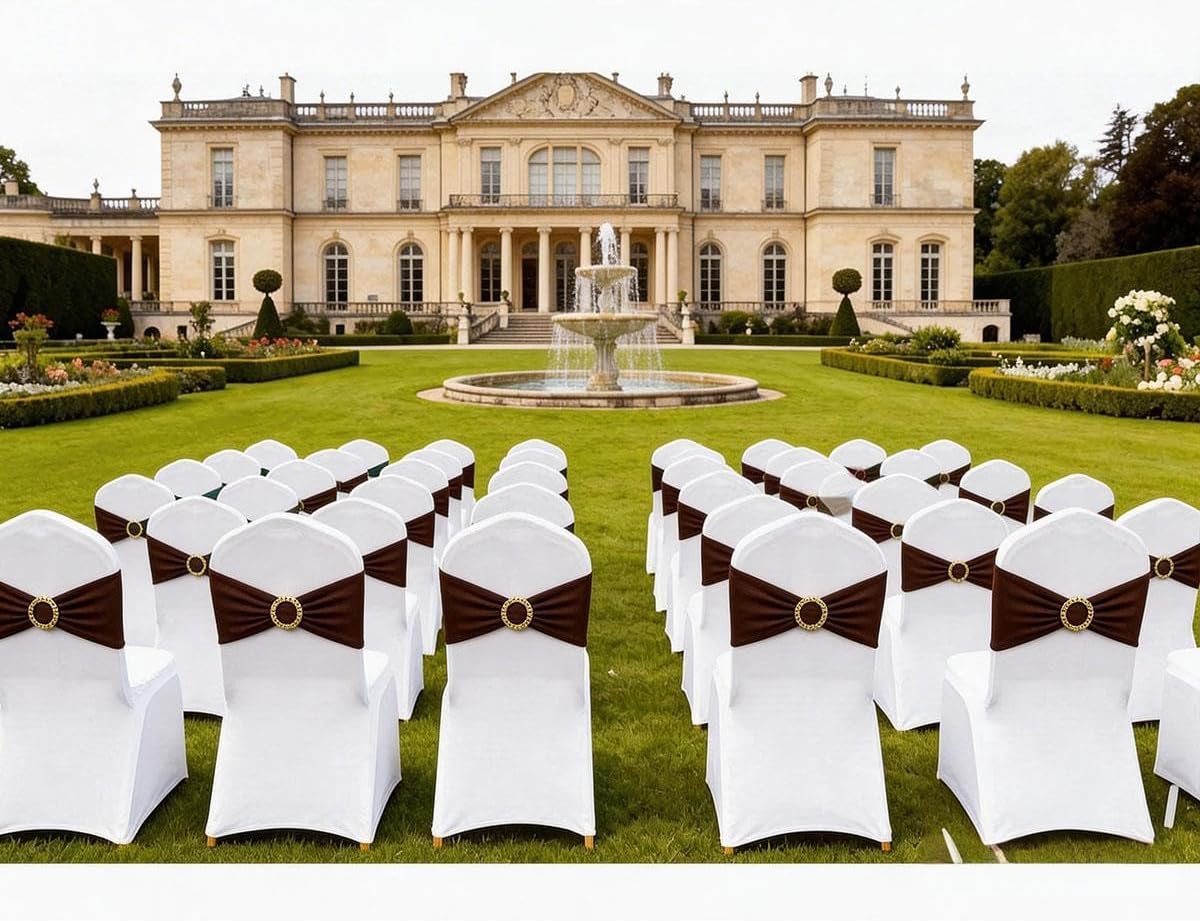 Brown Chair Sashes 50 Pack with Gold Buckle Slider, Spandex Chairs Bands Bows for Wedding Party Birthday Banquet Décor
