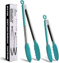 HOTEC Premium Stainless Steel Locking Kitchen Tongs with Silicone Tips, Set of 2 - 9" and 12", Blue