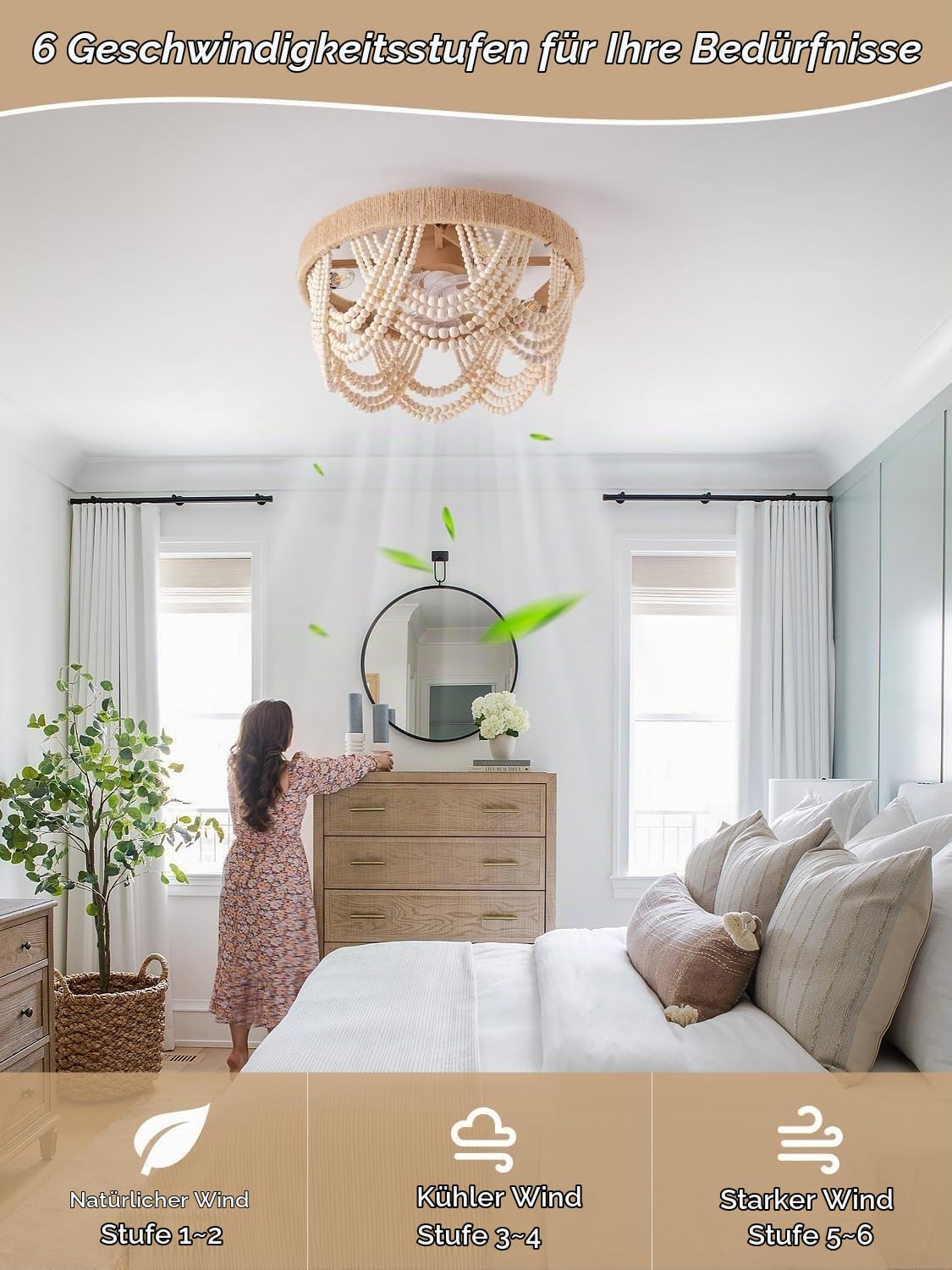 Boho Deckenventilator mit Licht bündige Montage Küstenperlen Fandelier Deckenventilatoren mit Lichtern und Fernbedienung geschlossener Käfig mit 6 Geschwindigkeiten Schlafzimmer Kinderzimmer