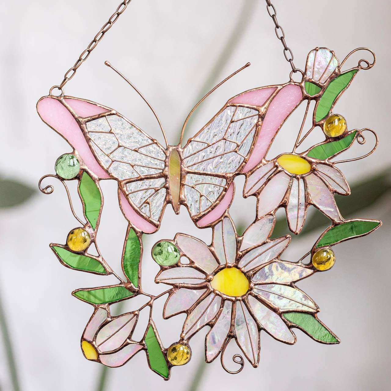 Pink Butterfly With Daisy Stained Glass Suncatcher. Real Glass Home Decor. Indoor Outdoor Decor. Mother's Day Gift Idea. Wall Window Hanging Panel. Butterfly Decor. Nature-inspired Decor For Home.