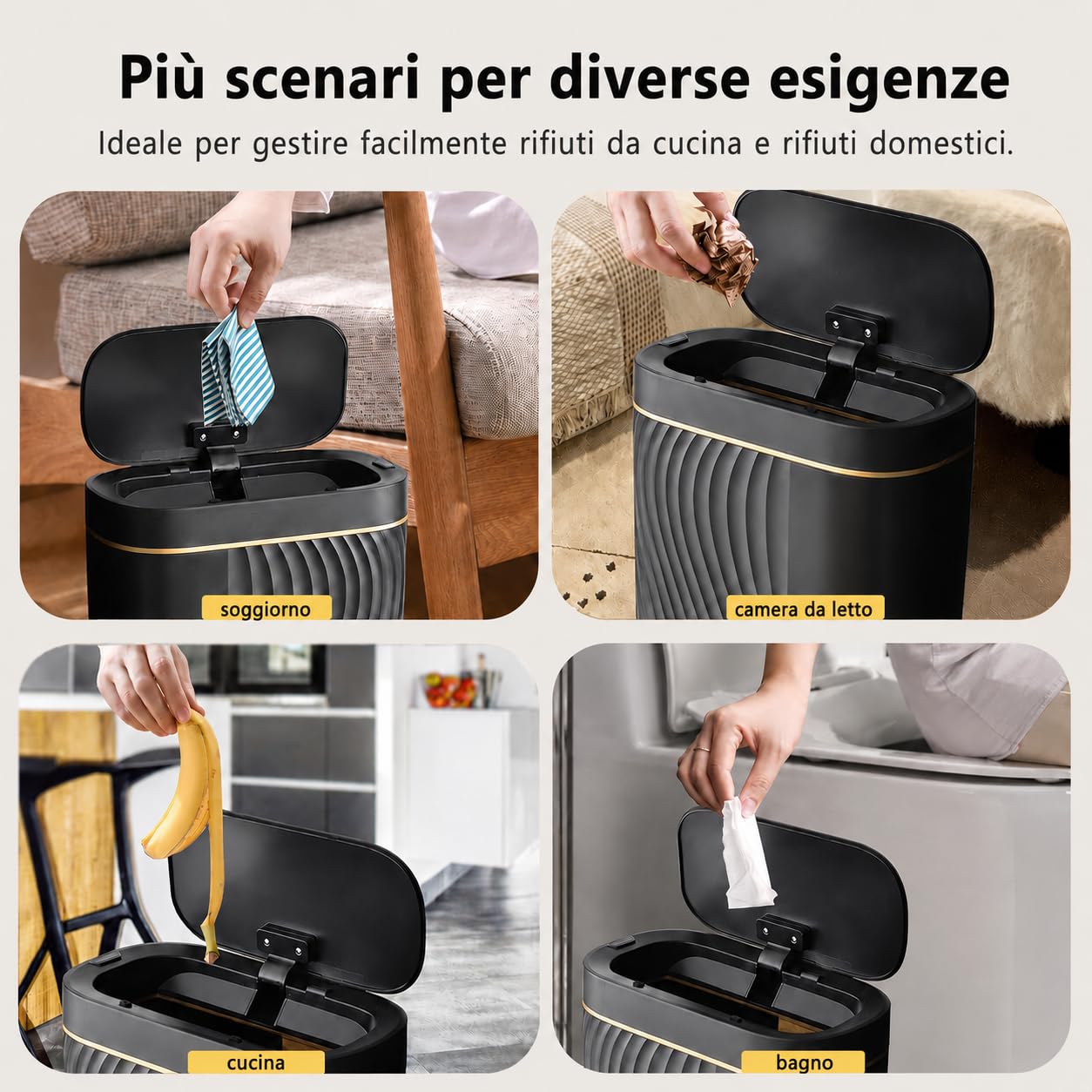 Pattumiera Automatica con Sensore 8 L - Cestino Elettrico con Coperchio per Cucina e Bagno - Impermeabile / Anti-odore per Ufficio, WC - Pattumiera Nera Silenziosa (Nero)