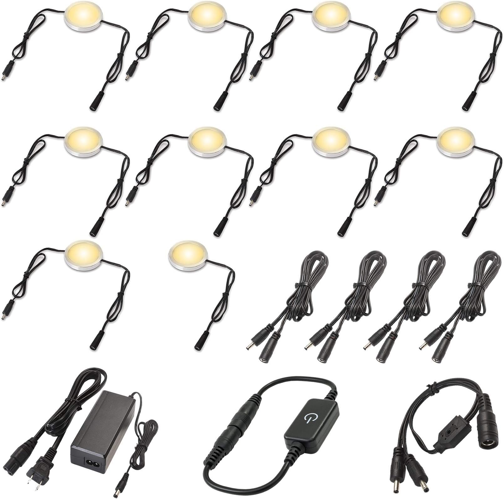 Under Counter Lighting, 120 Volt Plug in Cabinet Light Kit, Touch Dimmable, Daisy Chained Linkable LED Puck Lights, 2.4 in Round Puck, Dual Split, Black Cord, 10 Lights, Warm White 2700K