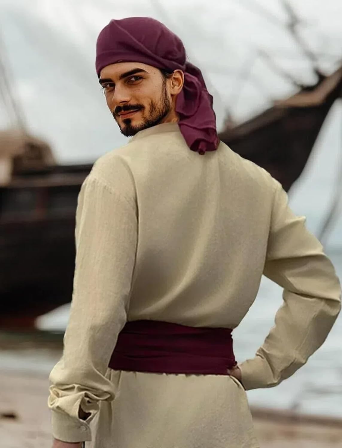 Verceco Mens Pirate Costume Outfit Renaissance Costume Men Medieval Outfit With Pirate Pants Shirts Sash Accessories (khaki, X-Large) - Image 3