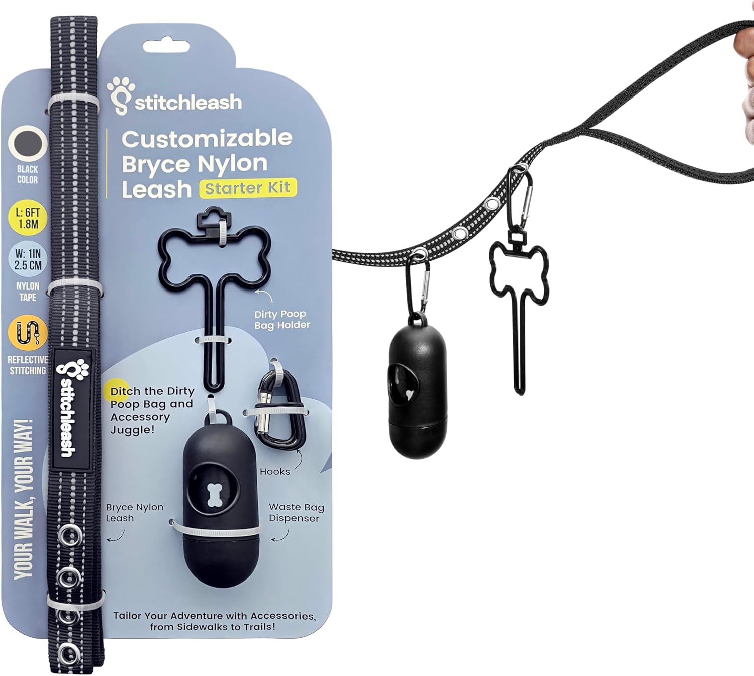 Durable Nylon Dog Leash with Reflective Stitching, Padded Handle, Traffic Handle, and Waste Bag Holder – 6ft Long for Safe and Convenient Walks - Black