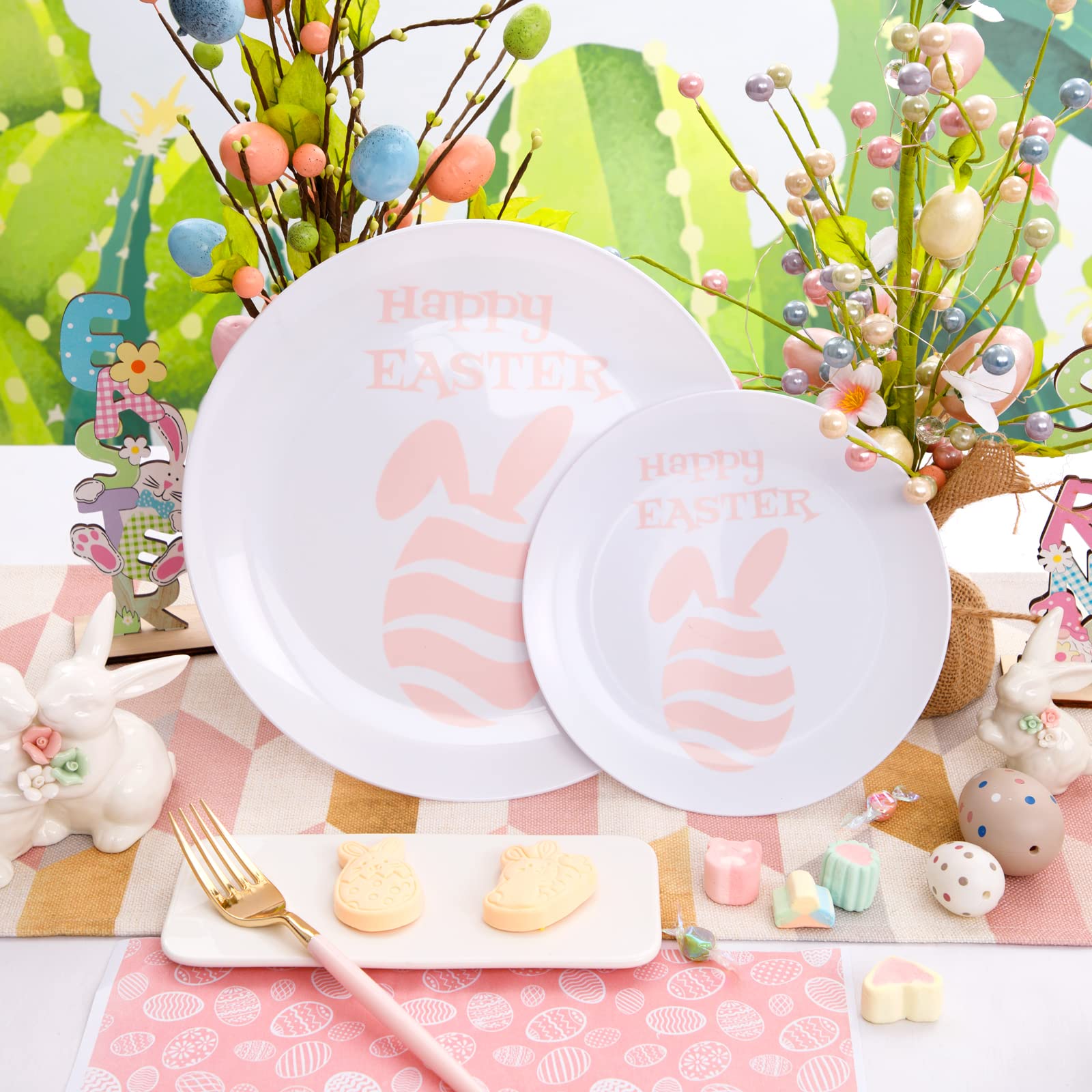 supernal 60pcs Happy Easter Plates,Easter Dessert Plates,Pink Bunny Ears Design,Disposable Easter Plates including 30 Dinner Plates,30 Dessert Plates for Easter Parties