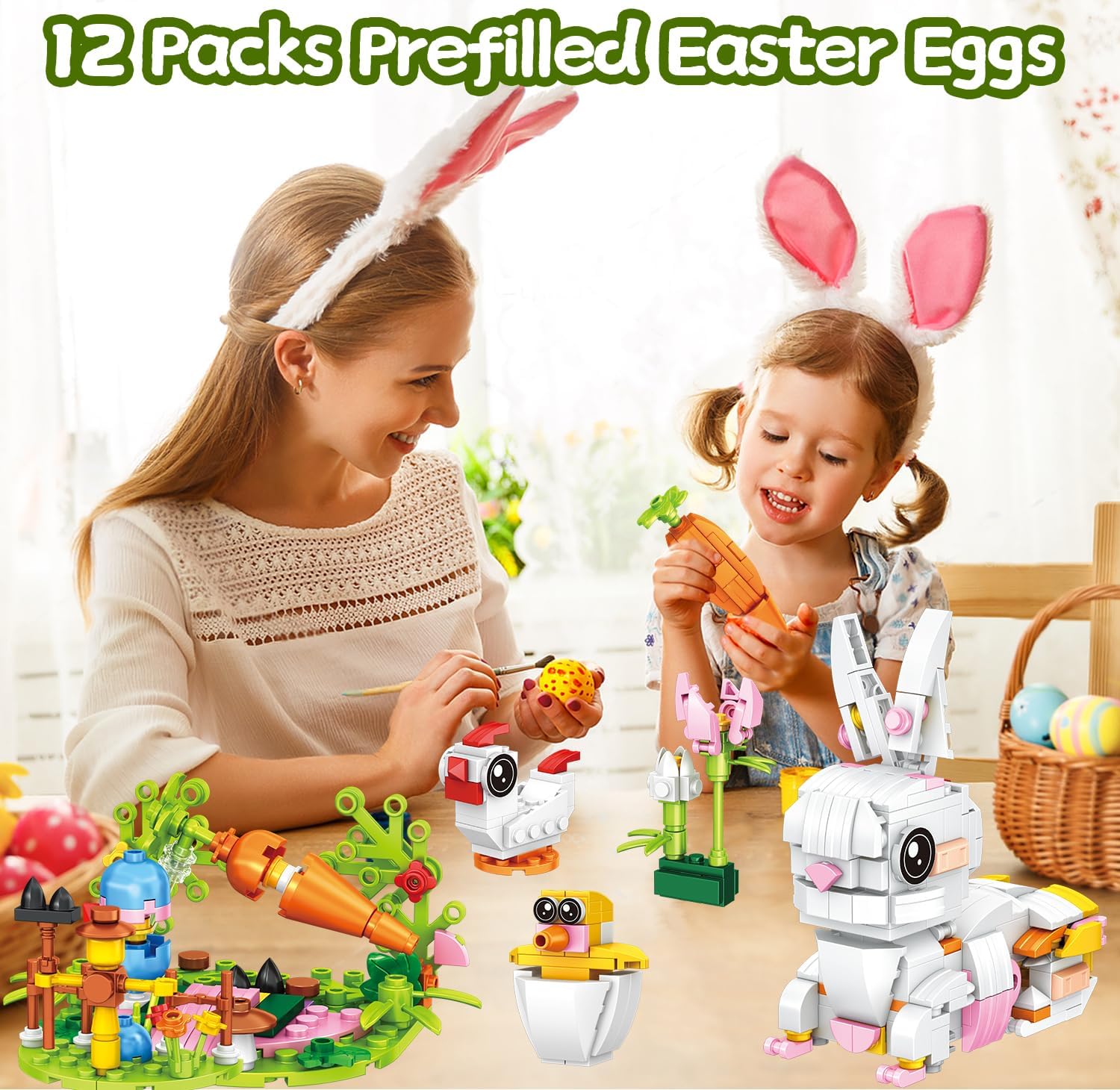 3.5"Prefilled Easter Eggs with Easter Bunny Building Blocks Toy Set - 12 in 1 Rabbit Building Kit, Easter Basket Stuffer Egg Hunt Party Favors Classroom Prizes Filled Easter Egg Gift for Kids Boy Girl