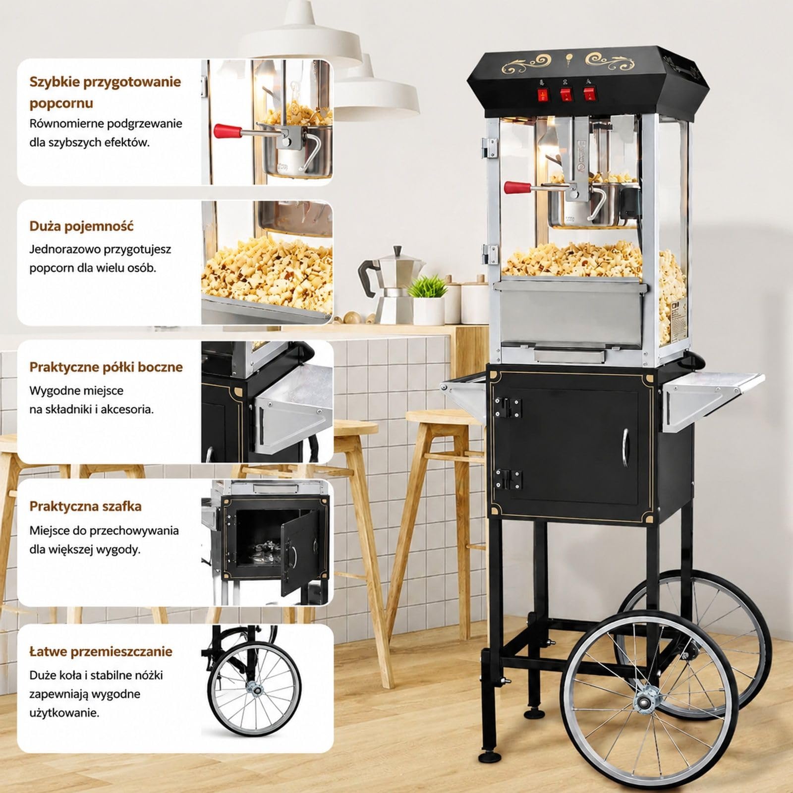 Maszyna do popcornu z wózkiem, 850 W, kociołek 8 oz na 48 filiżanek załadunku, hartowane szkło, czarna, 4 gałki, zastosowanie kinowe, restauracyjne, imprezowe