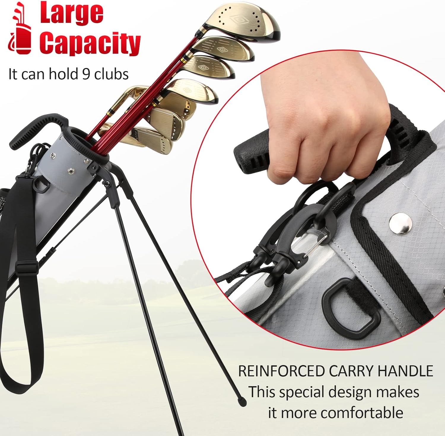 PGM Sunday Golf Bag with Stand and Strap - Ultra-Lightweight Pitch and Putt Carry Bag Holds Up to 9 Clubs - Waterproof Driving Range Travel Bag for Par 3 & Executive Courses