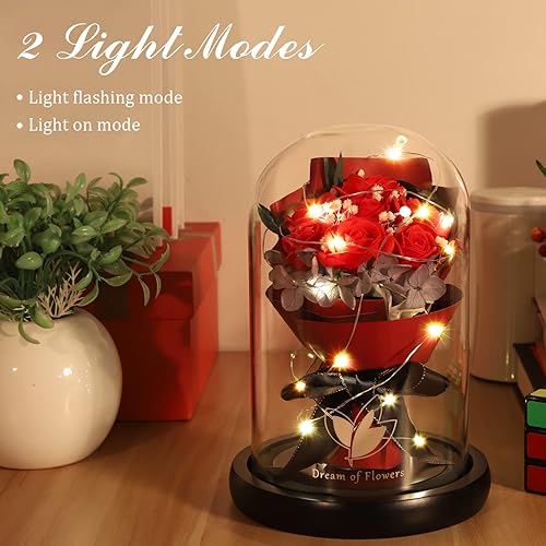 Miniatura 3 de Regalos de rosas de Navidad para mujeres, regalos de cumpleaños, rosa de la Bella y la Bestia en cúpula de cristal con 2 modos de luz, ramos de