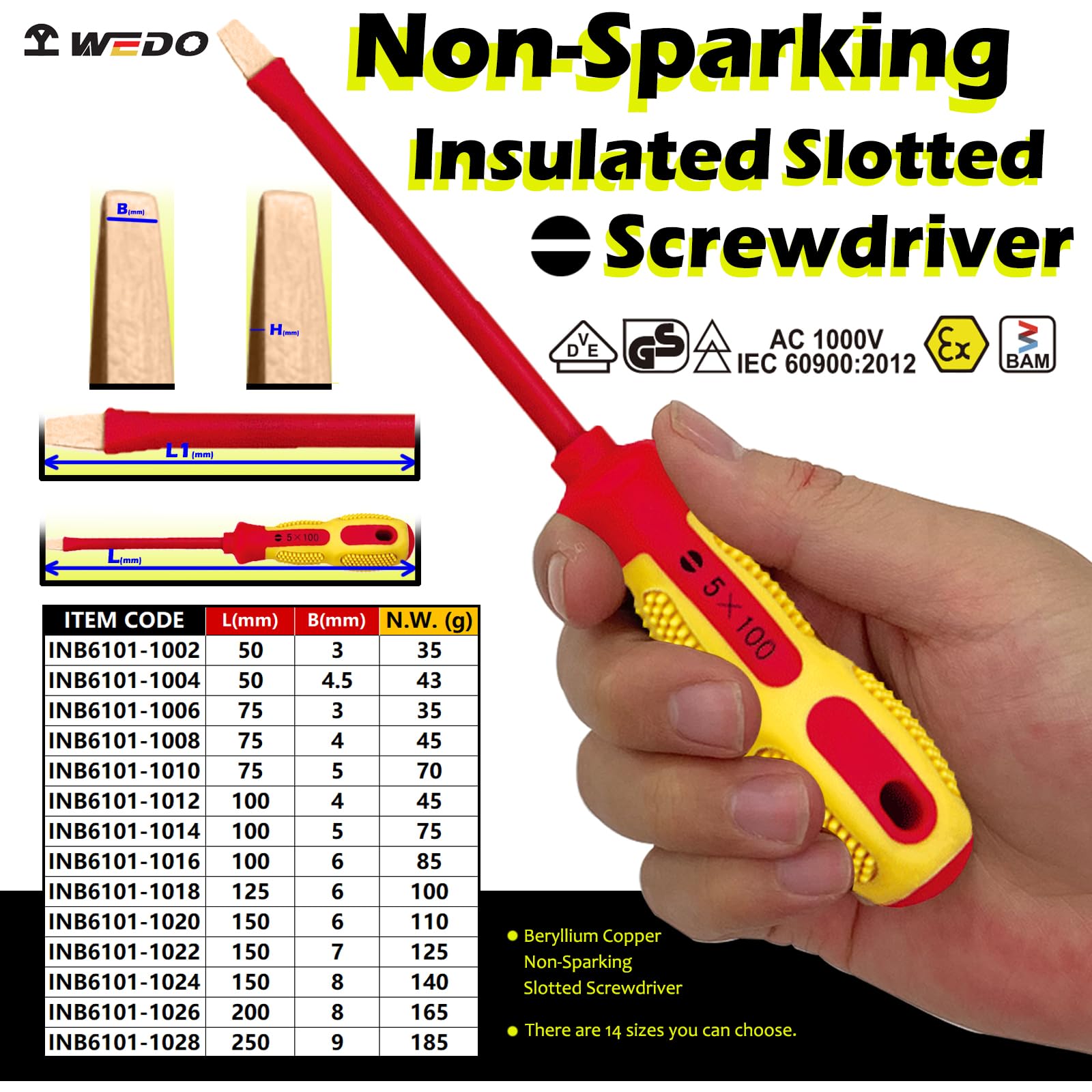 WEDO Cacciavite con intaglio a iniezione antiscintilla da 10 pollici, Cacciavite con intaglio a iniezione sicurezza senza scintille VDE 1000V, testa forgiata e maniglie antiscivolo a doppio materiale