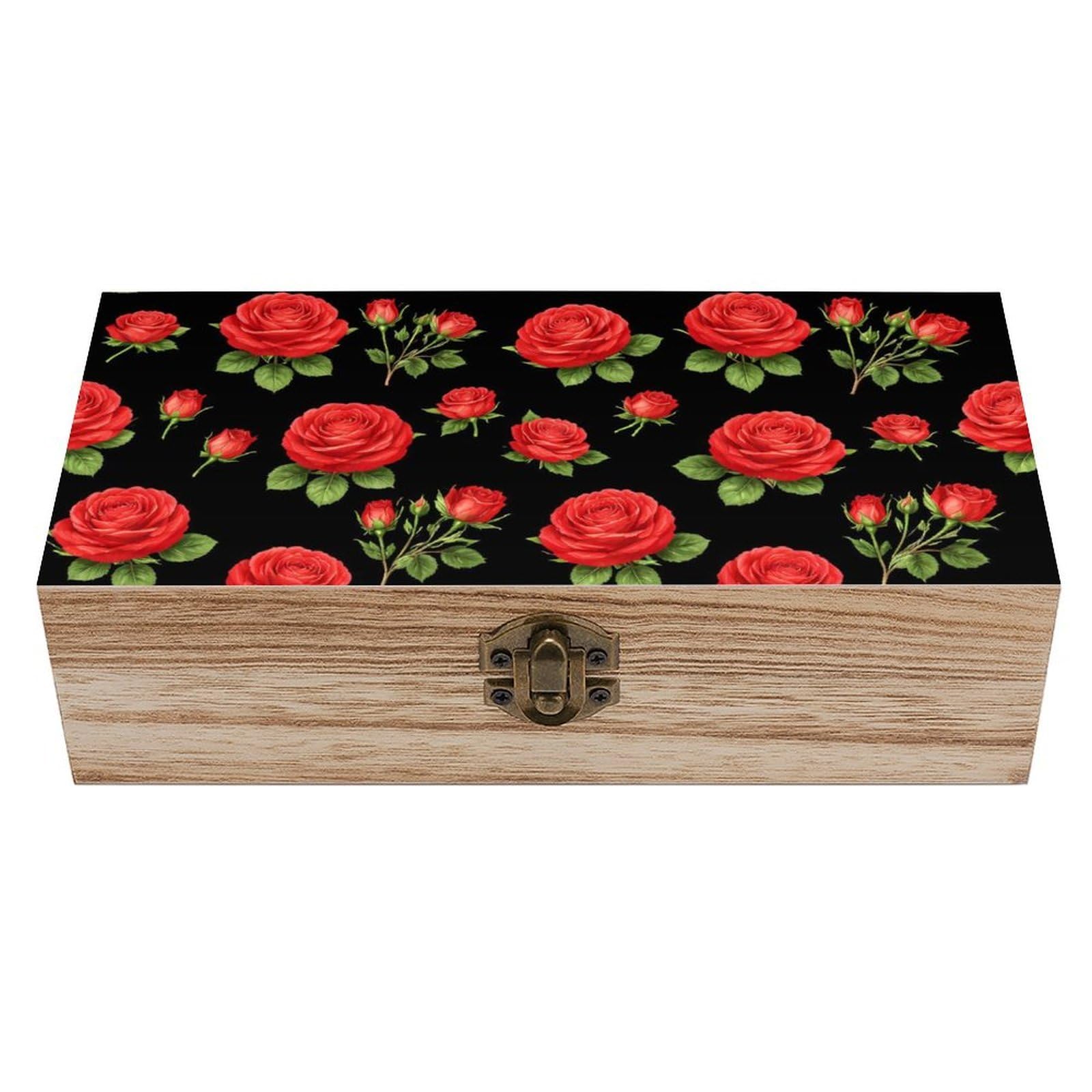HLBSDM Red Rose Flowers Floral Black Wooden Storage Box
